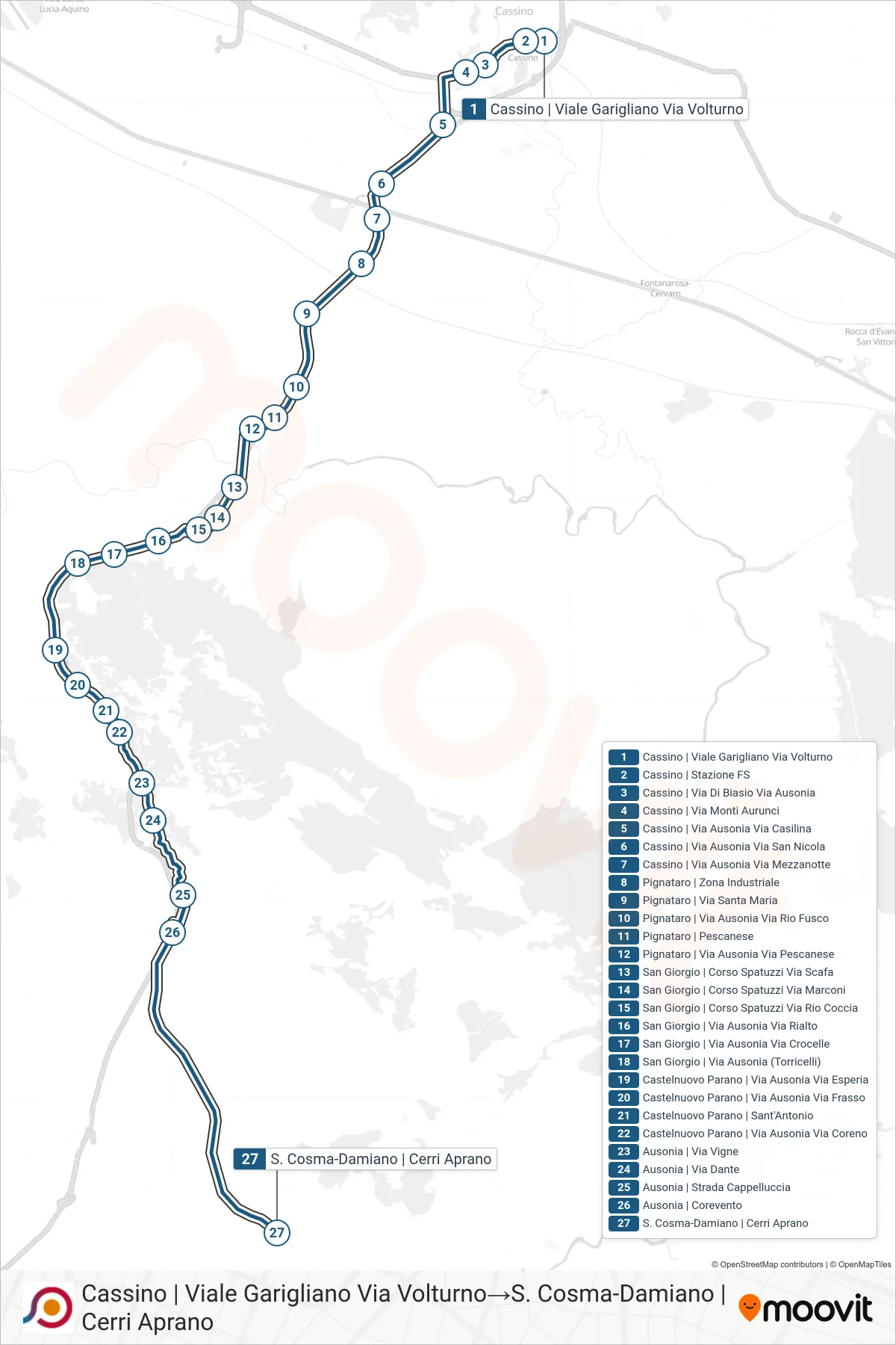Linea COTRAL bus (Cassino | Viale Garigliano Via Volturno→S. Cosma-Damiano | Cerri Aprano) - Percorsi e fermate sulla mappa