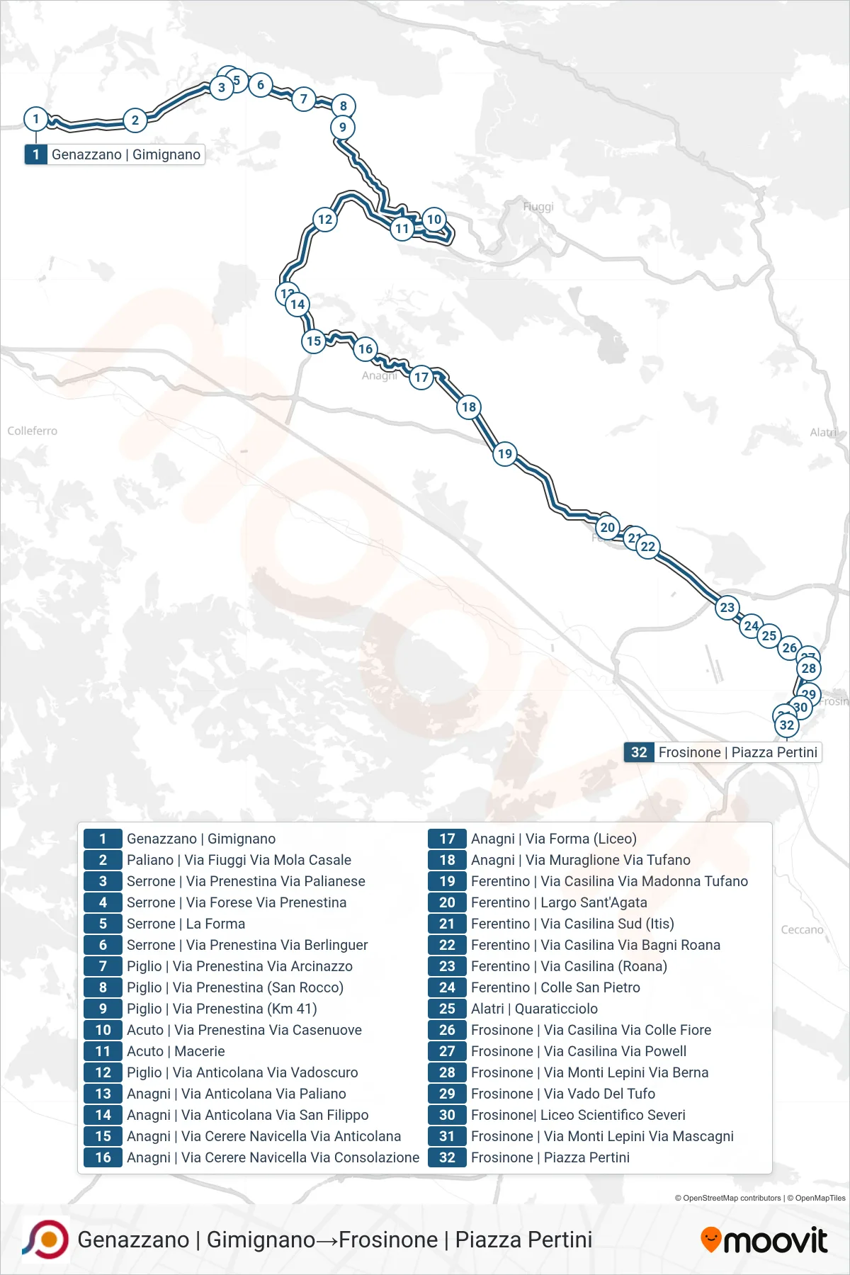Linea COTRAL bus (Genazzano | Gimignano→Frosinone | Piazza Pertini) - Percorsi e fermate sulla mappa