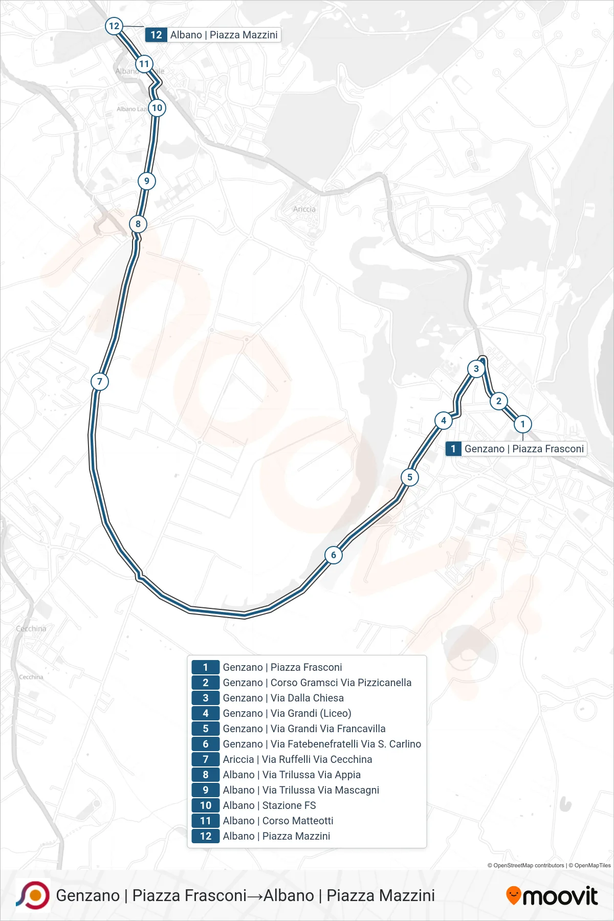 Linea COTRAL bus (Genzano | Piazza Frasconi→Albano | Piazza Mazzini) - Percorsi e fermate sulla mappa