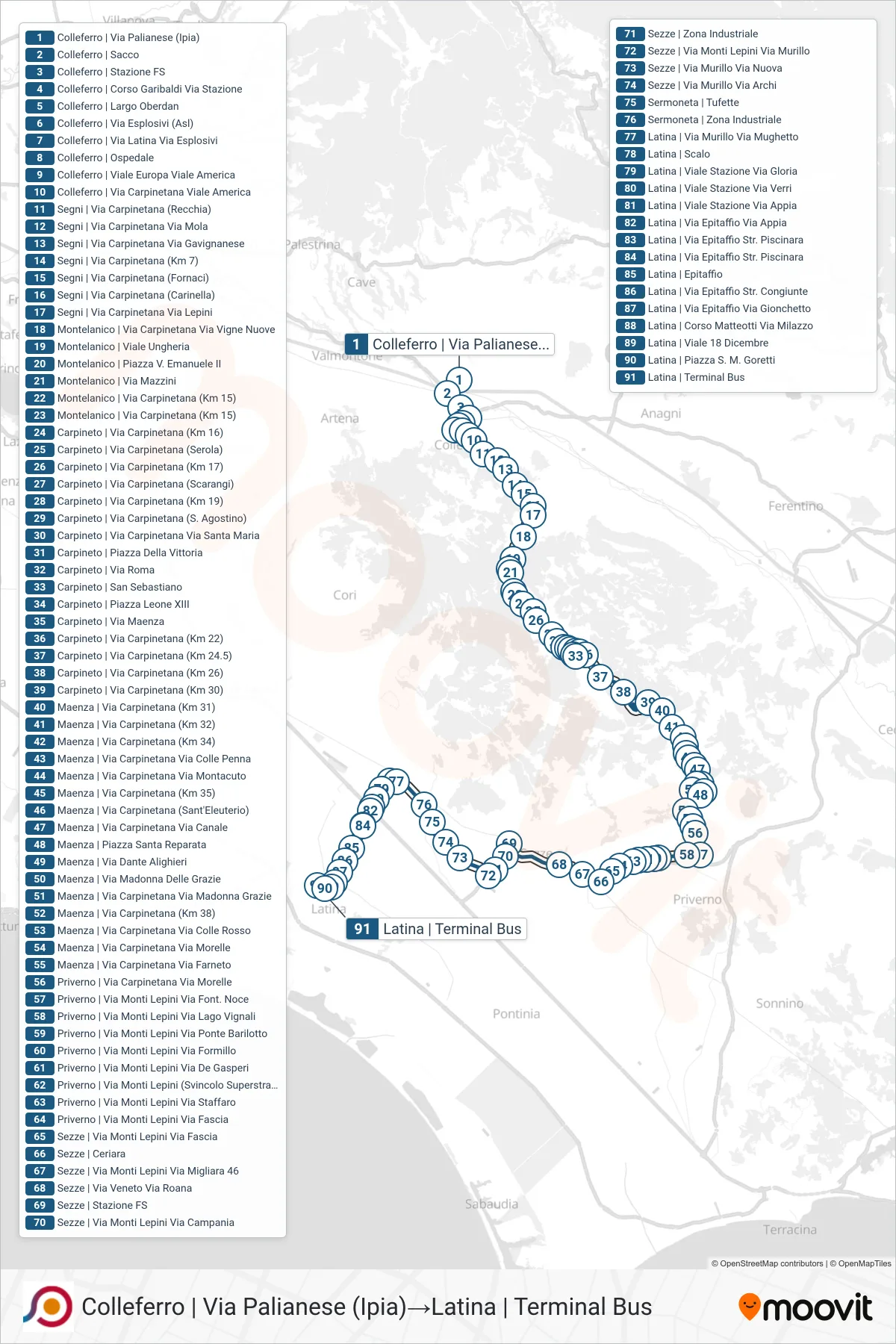 Linea COTRAL bus (Colleferro | Via Palianese (Ipia)→Latina | Terminal Bus) - Percorsi e fermate sulla mappa