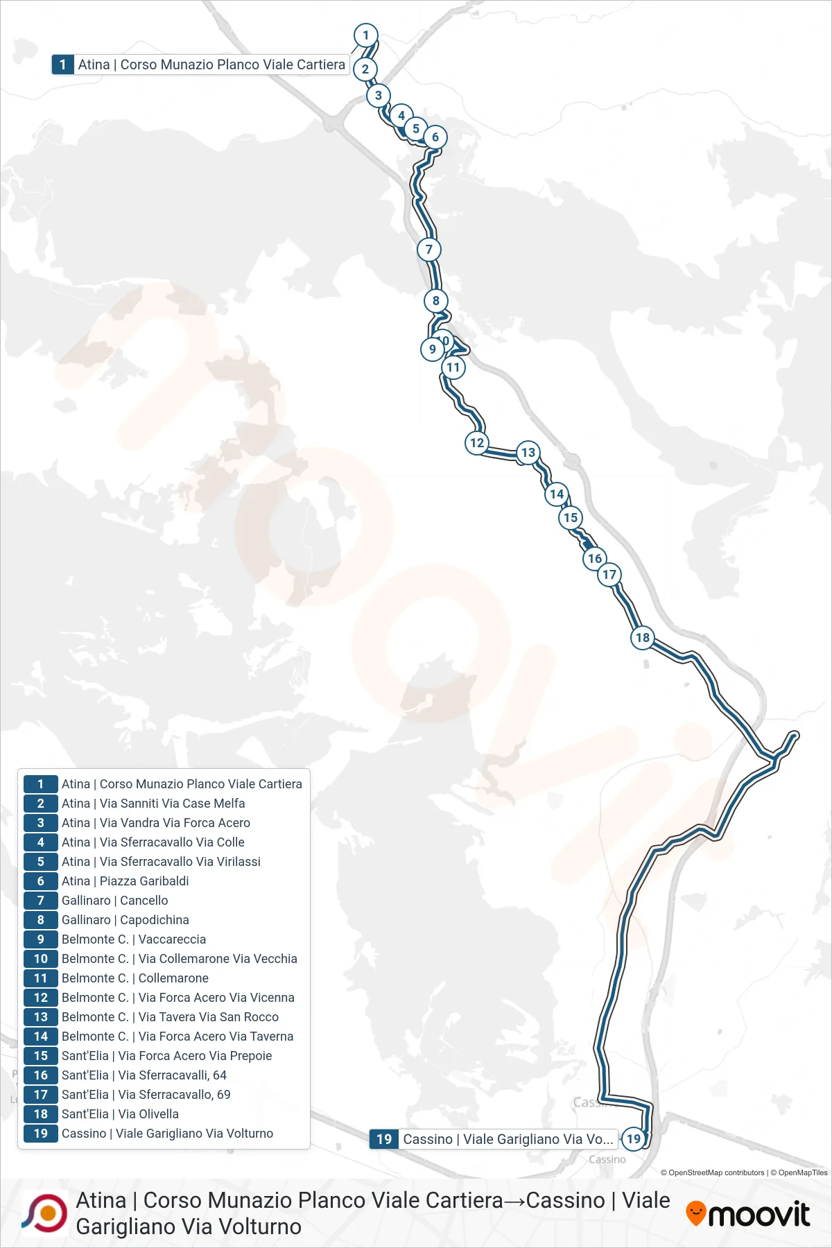 Linea COTRAL bus (Atina | Corso Munazio Planco Viale Cartiera→Cassino | Viale Garigliano Via Volturno) - Percorsi e fermate sulla mappa