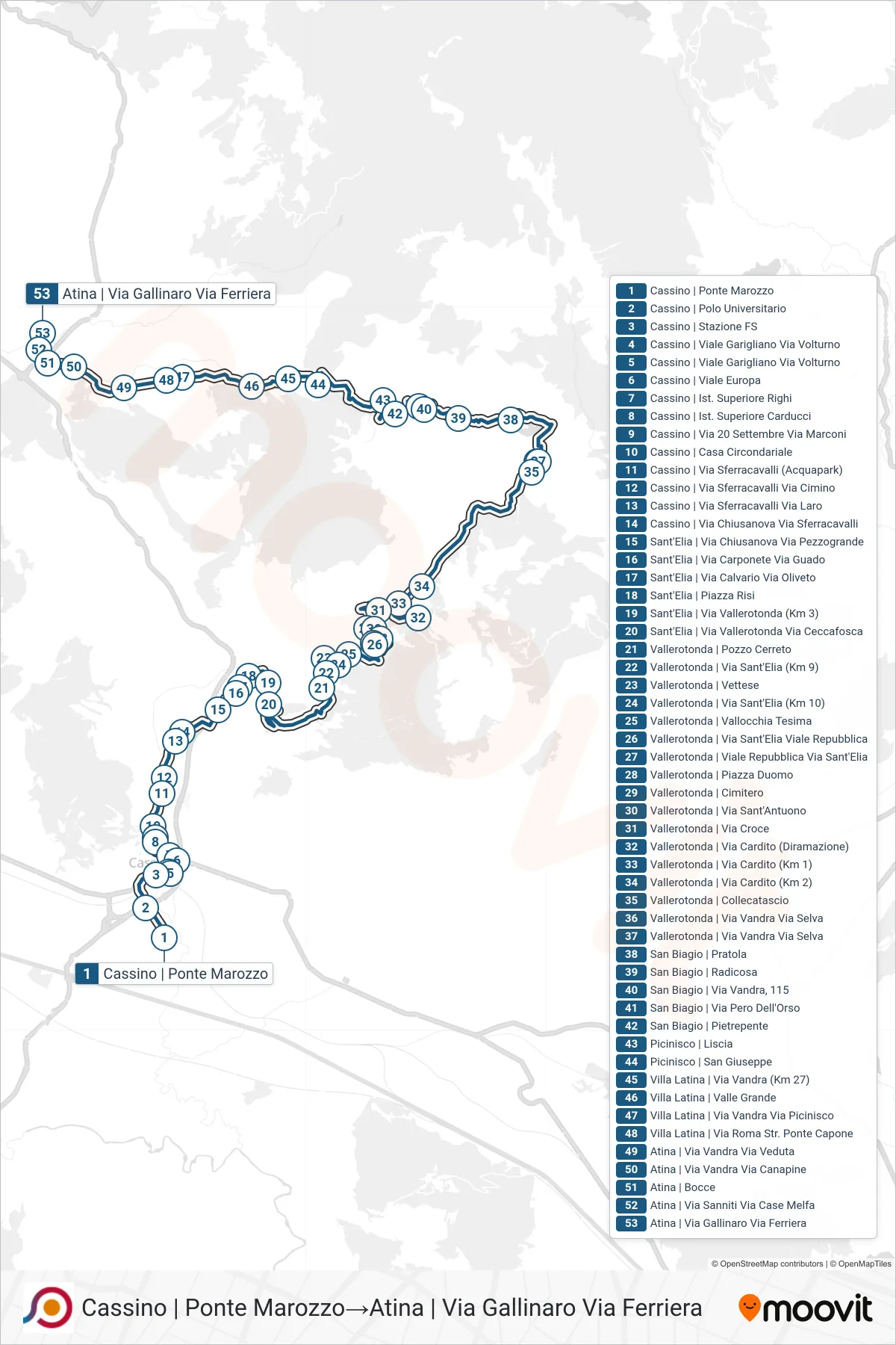 Linea COTRAL bus (Cassino | Ponte Marozzo→Atina | Via Gallinaro Via Ferriera) - Percorsi e fermate sulla mappa
