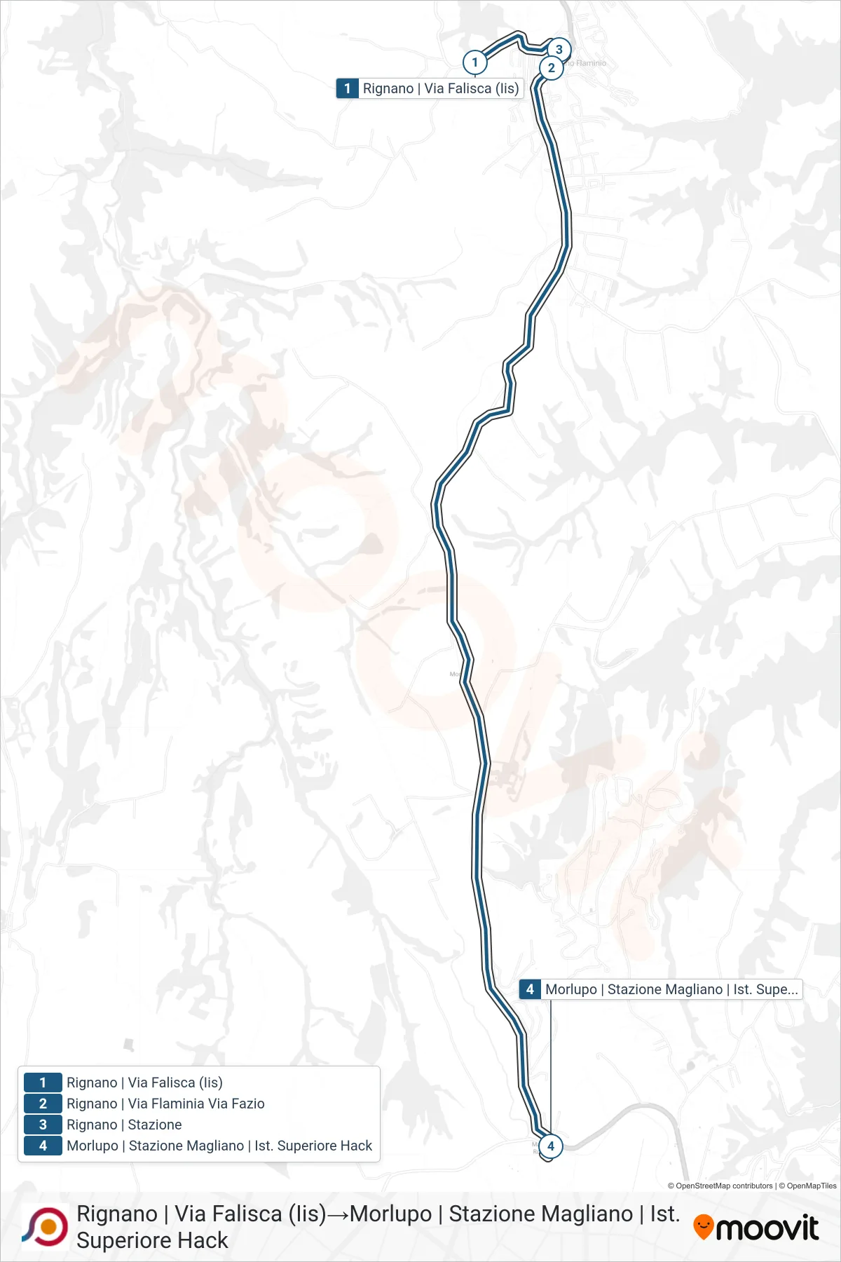 Linea COTRAL bus (Rignano | Via Falisca (Iis)→Morlupo | Stazione Magliano | Ist. Superiore Hack) - Percorsi e fermate sulla mappa