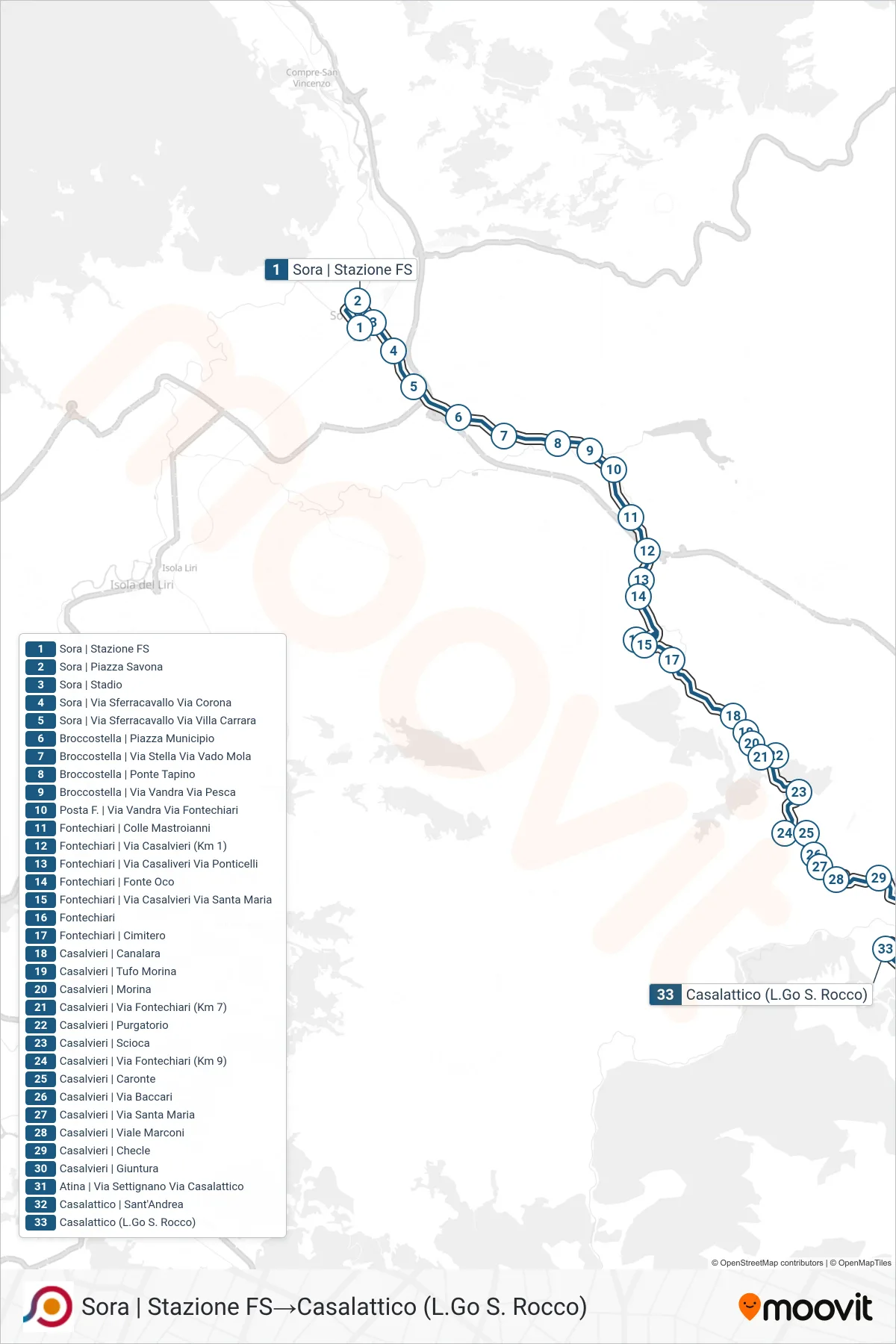 Linea COTRAL bus (Sora | Stazione FS→Casalattico (L.Go S. Rocco)) - Percorsi e fermate sulla mappa