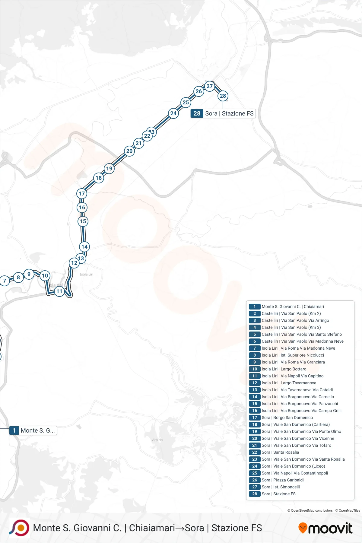 Linea COTRAL bus (Monte S. Giovanni C. | Chiaiamari→Sora | Stazione FS) - Percorsi e fermate sulla mappa