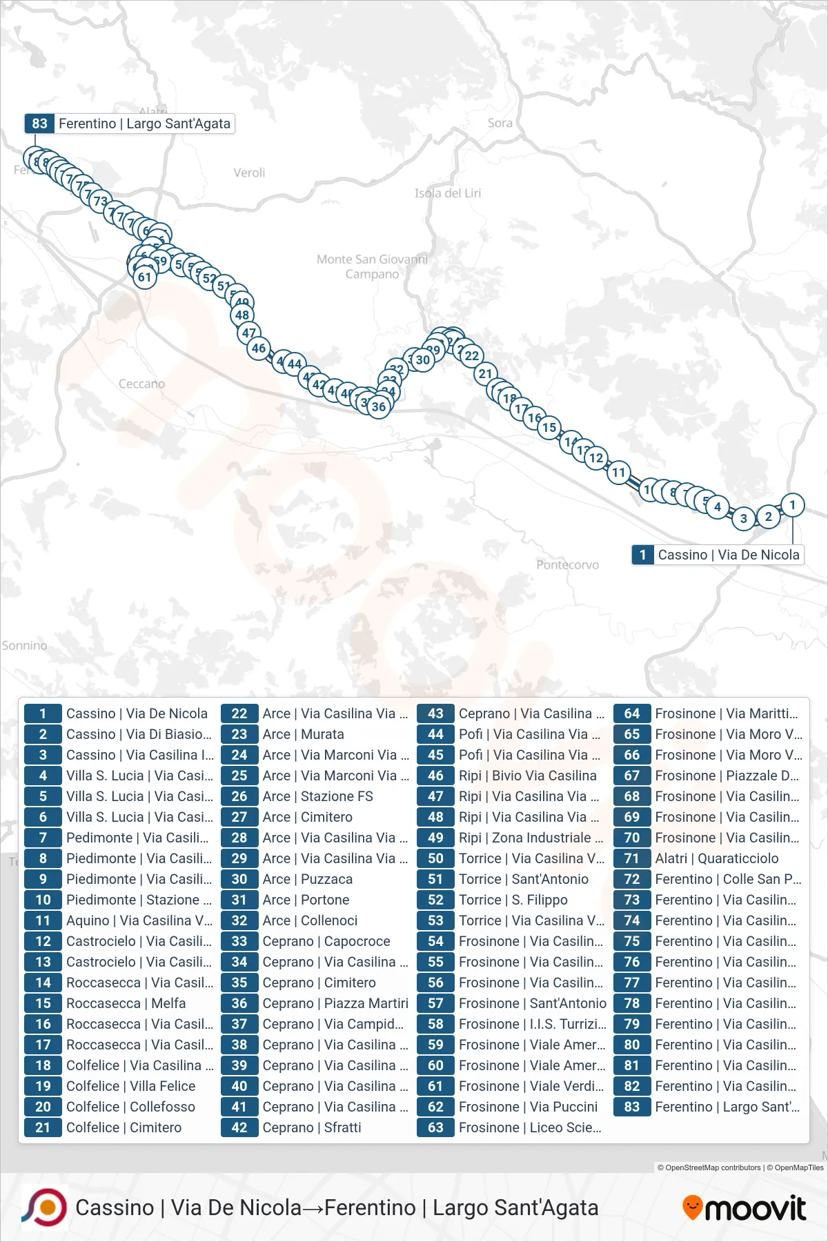 Linea COTRAL bus (Cassino | Via De Nicola→Ferentino | Largo Sant'Agata) - Percorsi e fermate sulla mappa