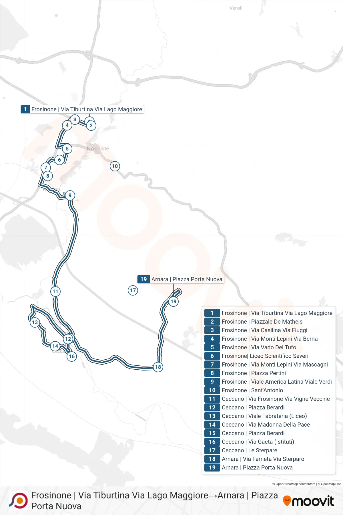 Linea COTRAL bus (Frosinone | Via Tiburtina Via Lago Maggiore→Arnara | Piazza Porta Nuova) - Percorsi e fermate sulla mappa