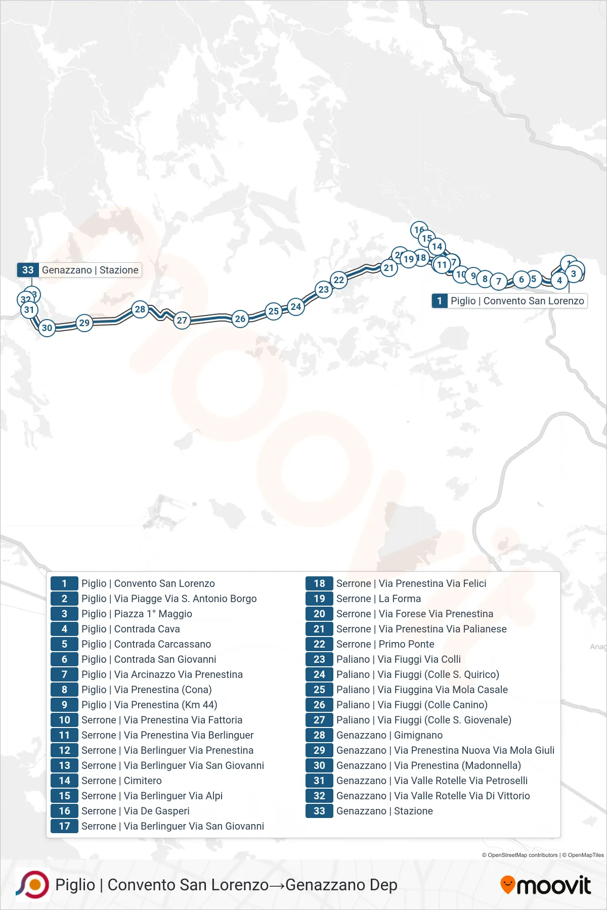 Linea COTRAL  bus (Piglio | Convento San Lorenzo‎→Genazzano Dep) - Percorsi e fermate sulla mappa