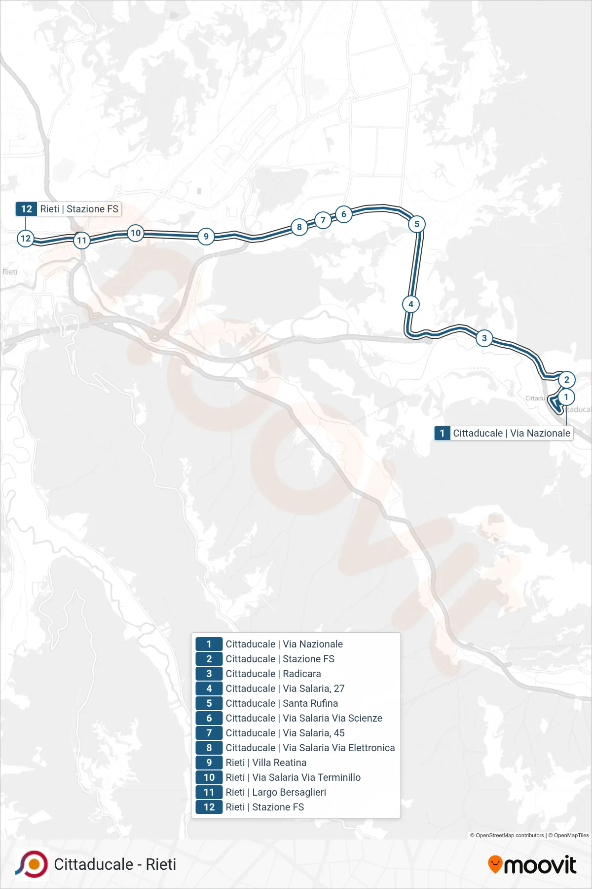 Linea COTRAL bus (Cittaducale | Via Nazionale→Rieti | Stazione FS Ist. Superiore Principessa Di Napoli) - Percorsi e fermate sulla mappa