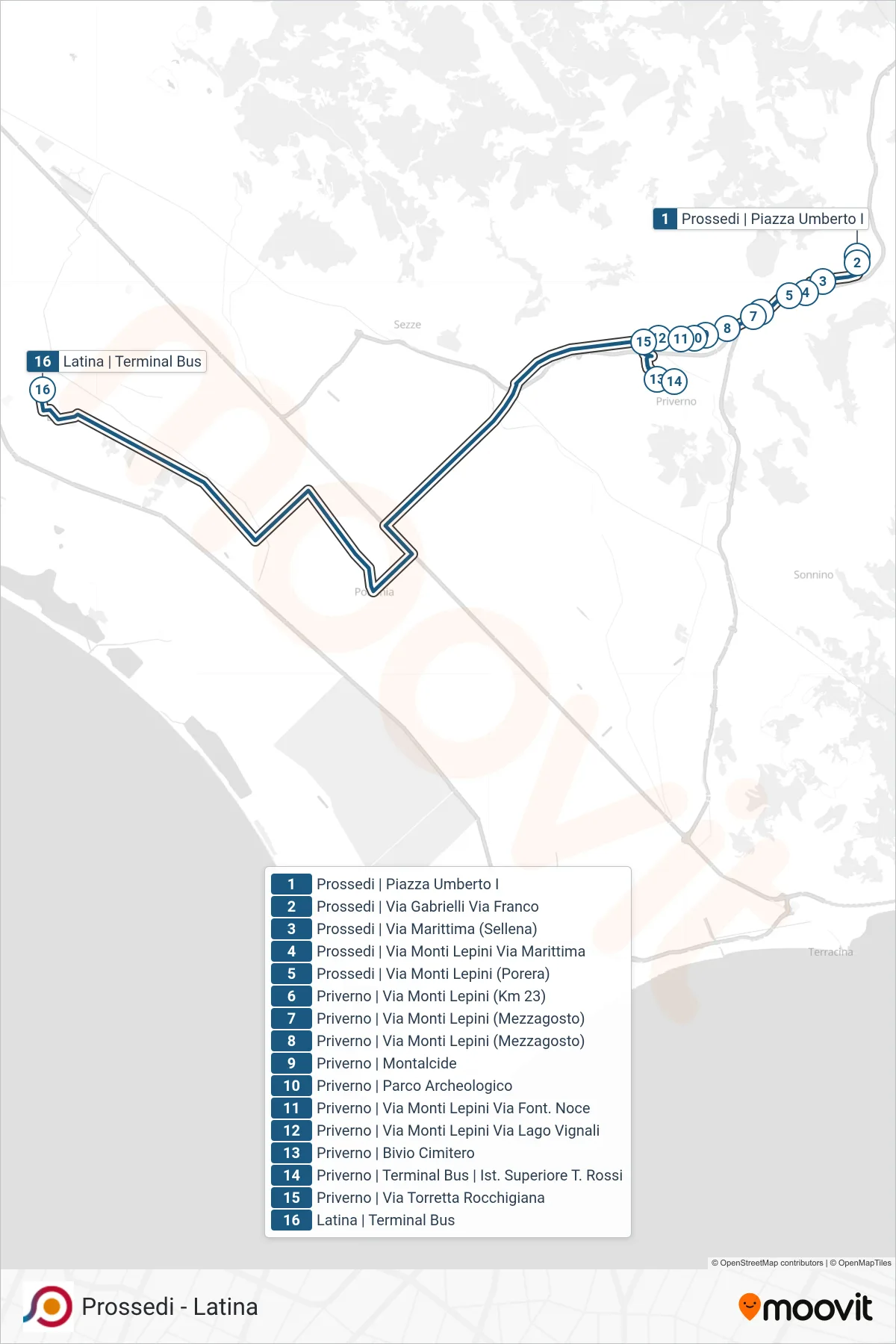 Linea COTRAL bus (Prossedi | Piazza Umberto I→Latina | Terminal Bus) - Percorsi e fermate sulla mappa