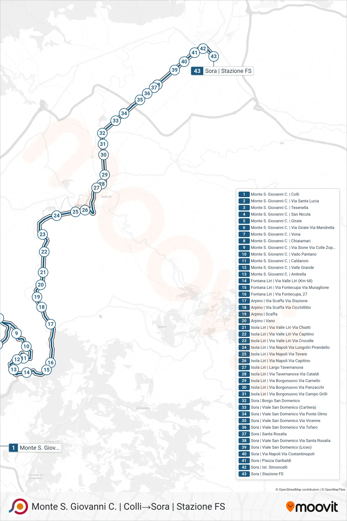 Linea COTRAL bus (Monte S. Giovanni C. | Colli→Sora | Stazione FS) - Percorsi e fermate sulla mappa