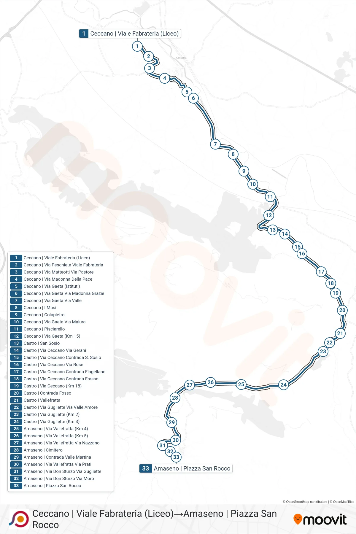 Linea COTRAL bus (Ceccano | Viale Fabrateria (Liceo)→Amaseno | Piazza San Rocco) - Percorsi e fermate sulla mappa