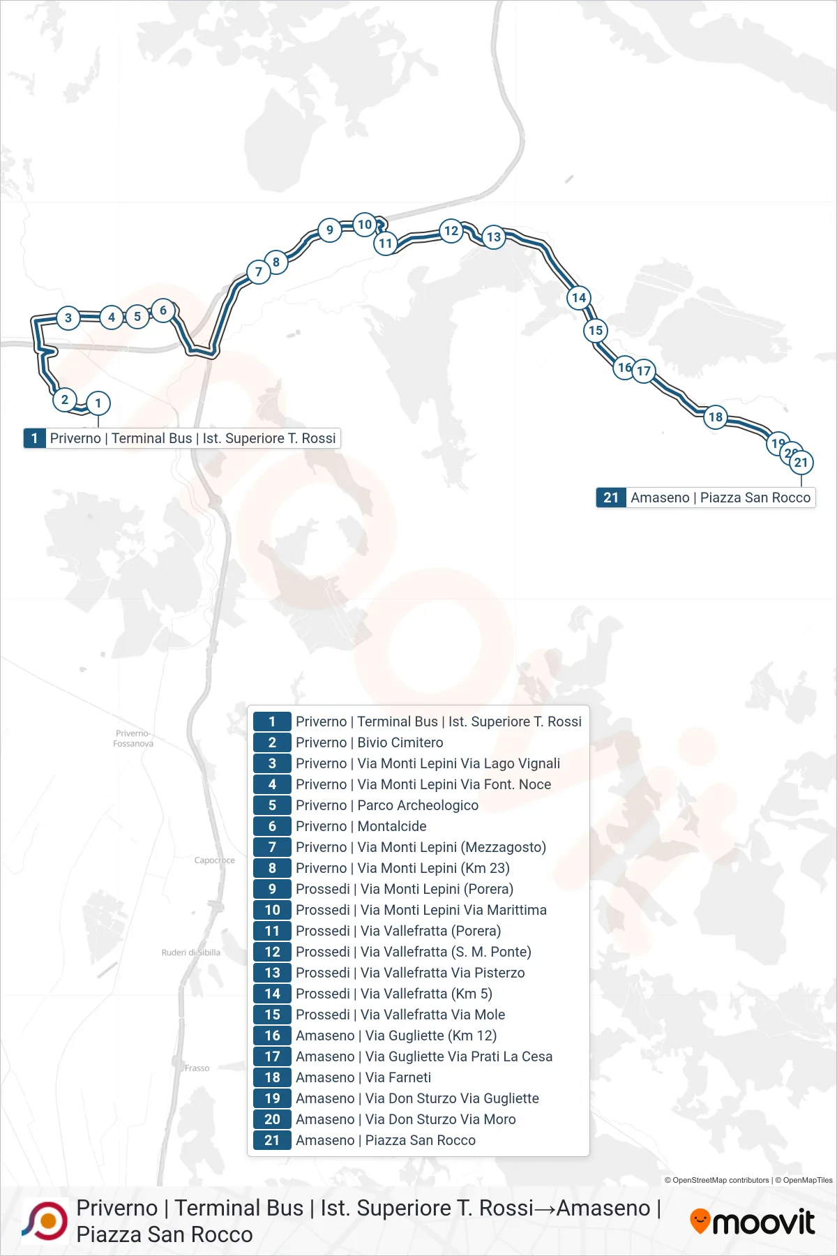 Linea COTRAL bus (Priverno | Terminal Bus | Ist. Superiore T. Rossi→Amaseno | Piazza San Rocco) - Percorsi e fermate sulla mappa