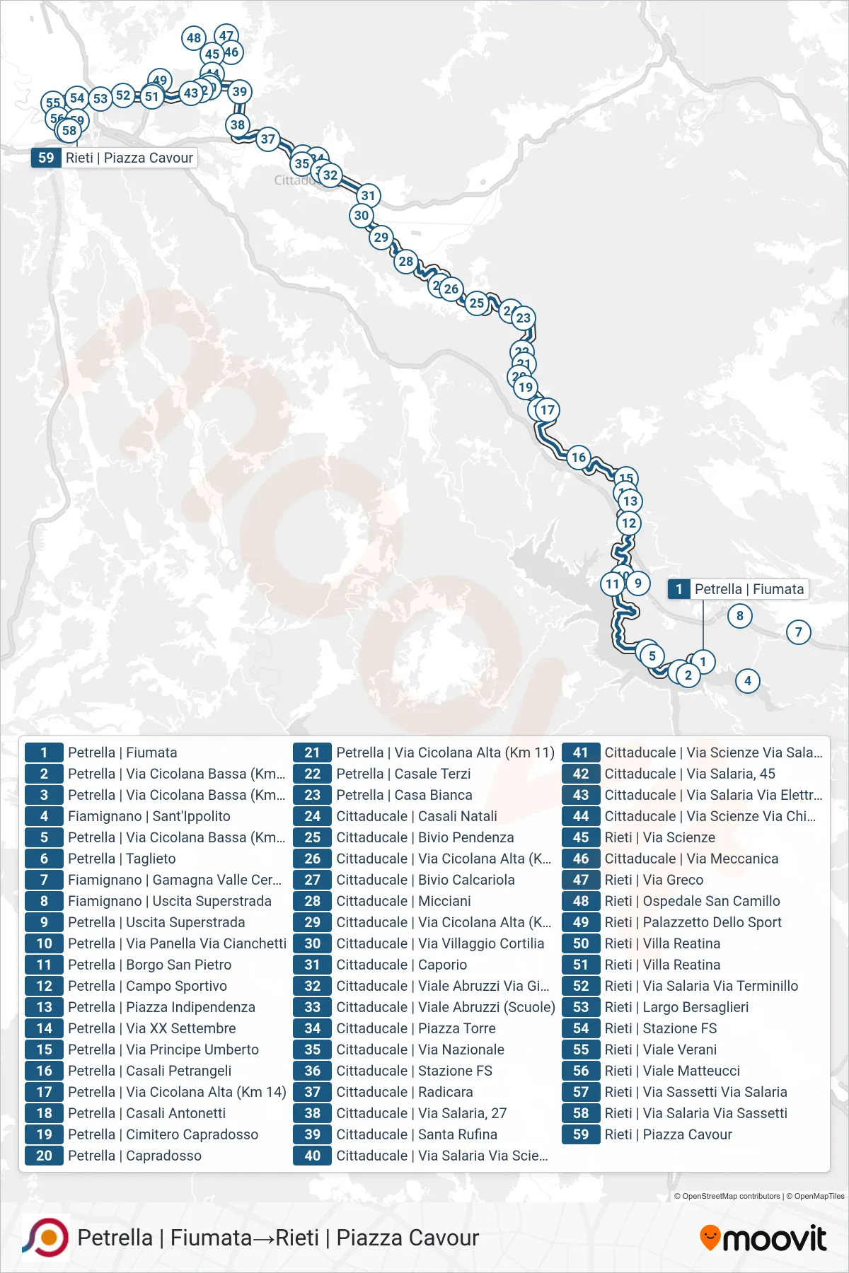 Linea COTRAL bus (Petrella | Fiumata→Rieti | Piazza Cavour) - Percorsi e fermate sulla mappa