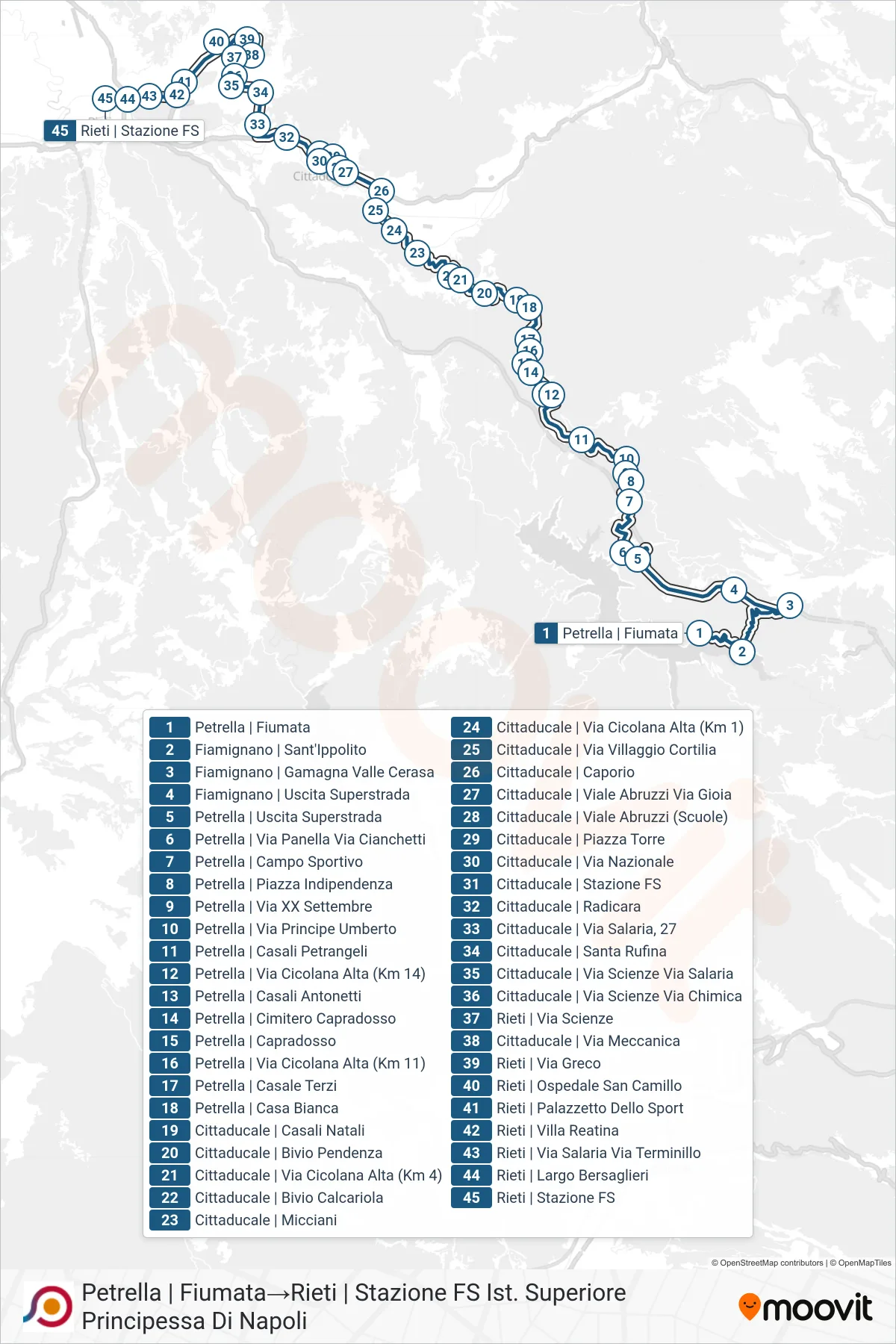 Linea COTRAL bus (Petrella | Fiumata→Rieti | Stazione FS Ist. Superiore Principessa Di Napoli) - Percorsi e fermate sulla mappa