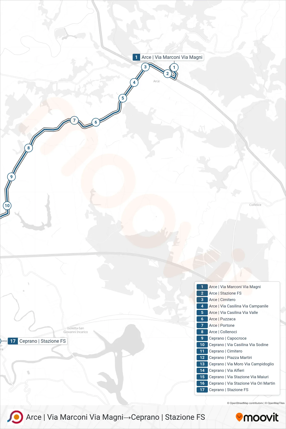 Linea COTRAL bus (Arce | Via Marconi Via Magni→Ceprano | Stazione FS) - Percorsi e fermate sulla mappa