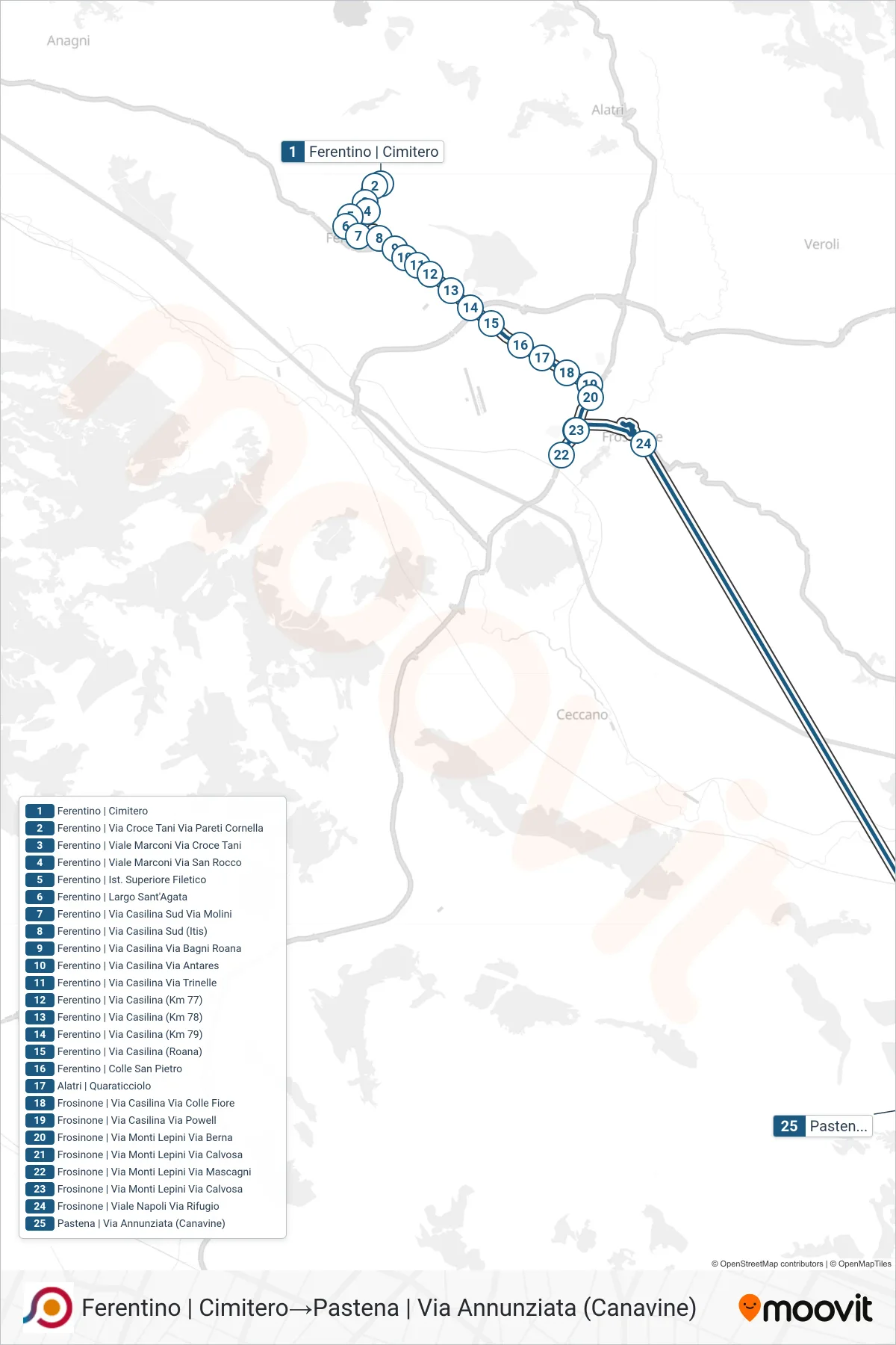 Linea COTRAL  bus (Ferentino | Cimitero‎→Pastena | Via Annunziata (Canavine)) - Percorsi e fermate sulla mappa