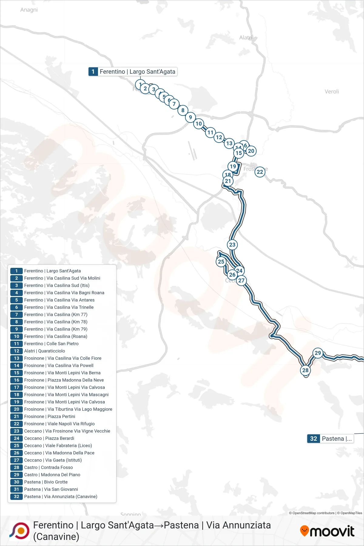 Linea COTRAL bus (Ferentino | Largo Sant'Agata→Pastena | Via Annunziata (Canavine)) - Percorsi e fermate sulla mappa
