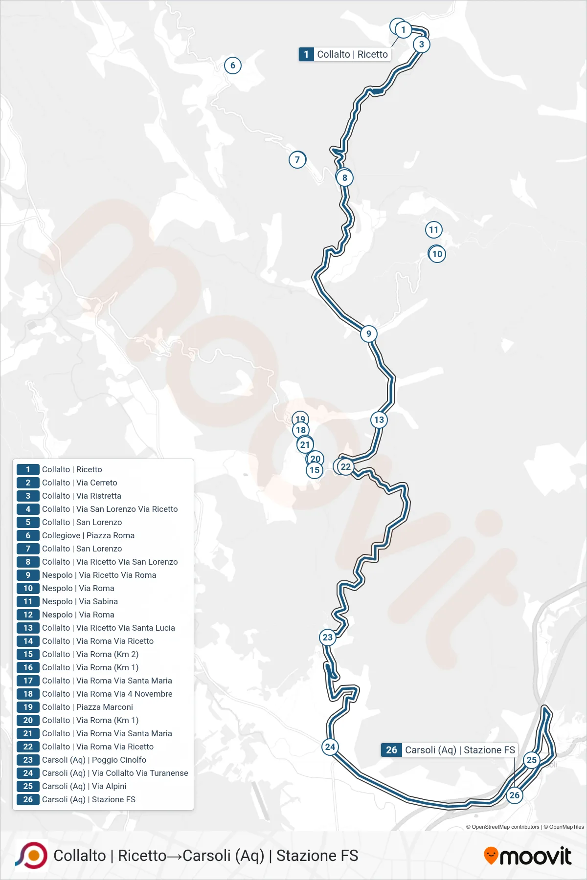 Linea COTRAL bus (Collalto | Ricetto→Carsoli (Aq) | Stazione FS) - Percorsi e fermate sulla mappa