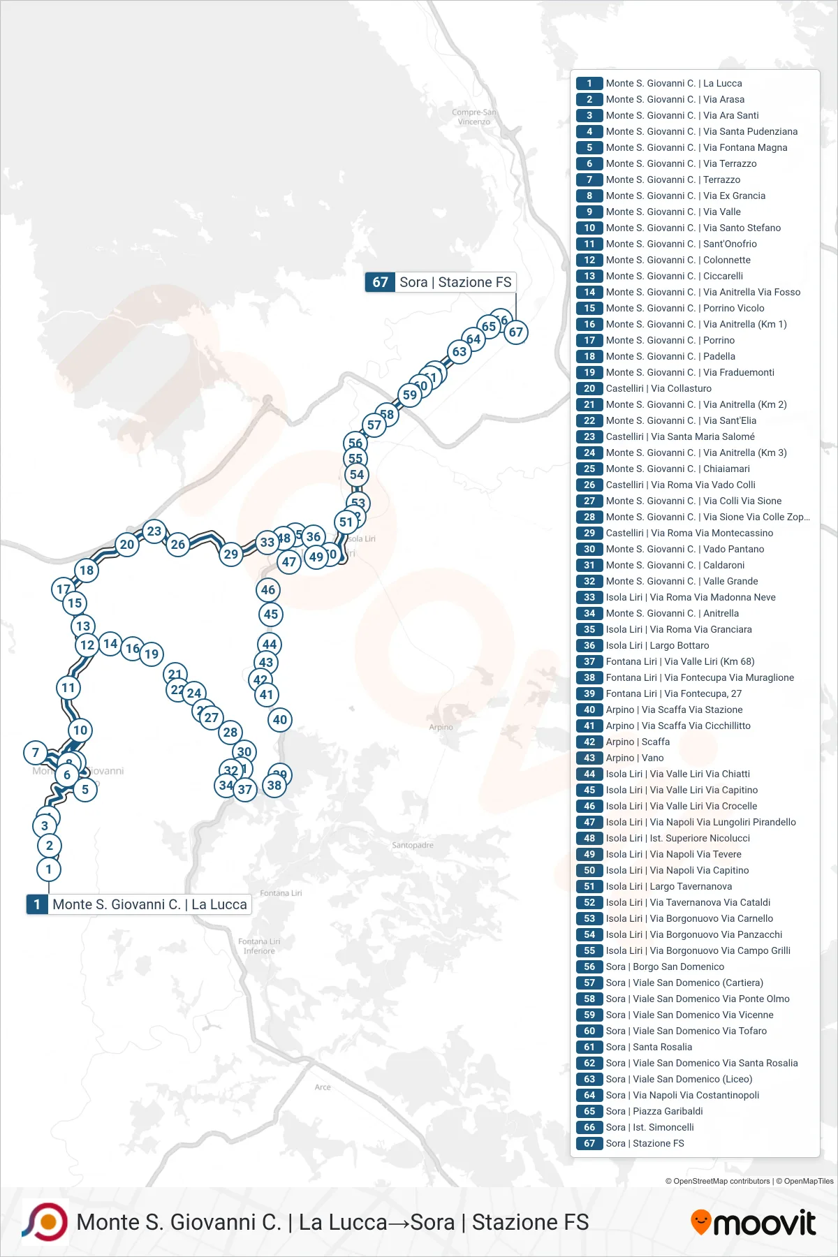 Linea COTRAL bus (Monte S. Giovanni C. | La Lucca→Sora | Stazione FS) - Percorsi e fermate sulla mappa
