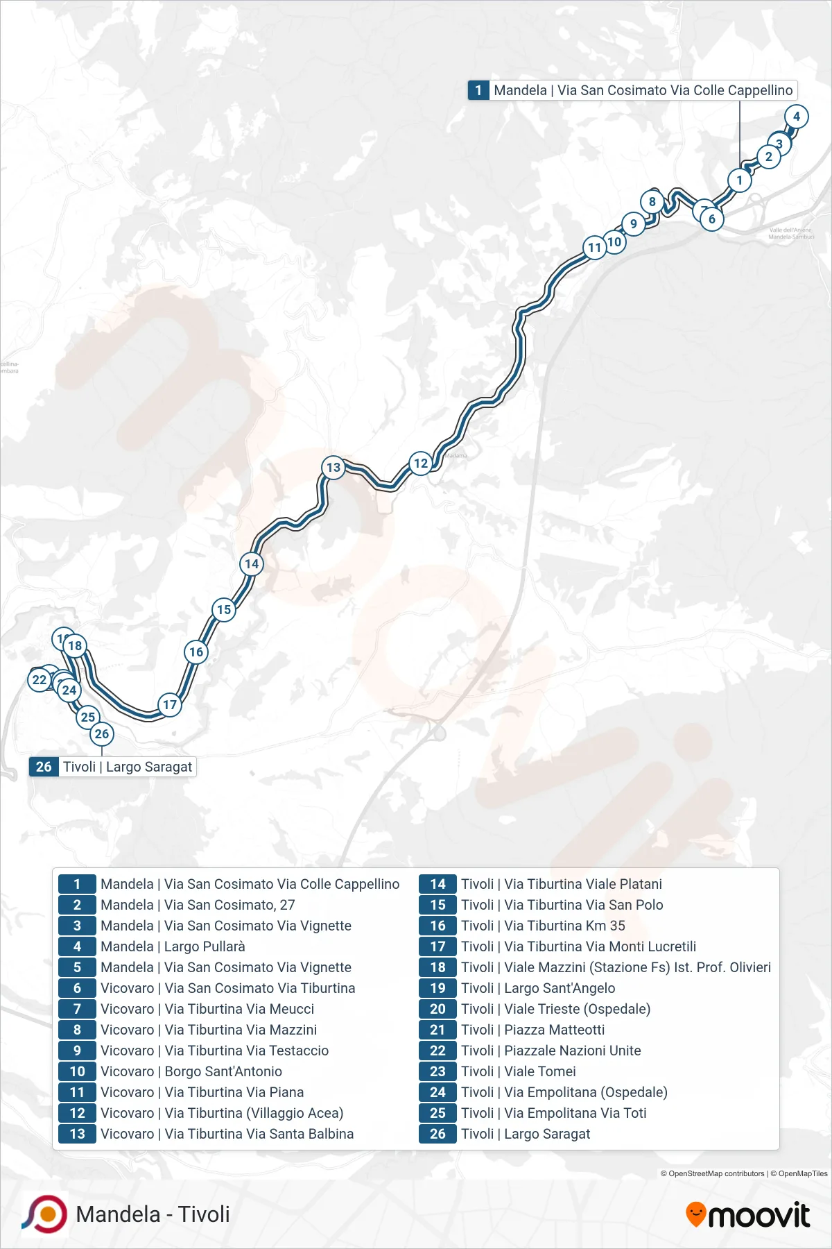 Linea COTRAL bus (Mandela | Via San Cosimato Via Colle Cappellino→Tivoli | Largo Saragat) - Percorsi e fermate sulla mappa