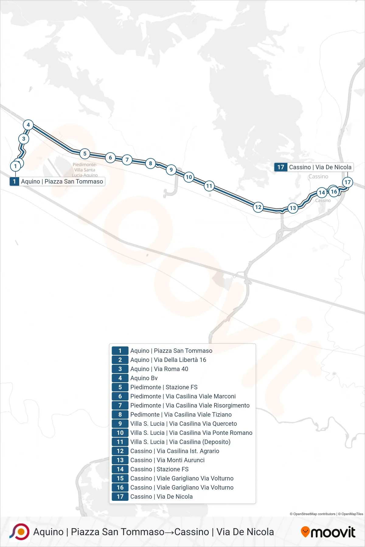 Linea COTRAL  bus (Aquino | Piazza San Tommaso‎→Cassino | Via De Nicola) - Percorsi e fermate sulla mappa