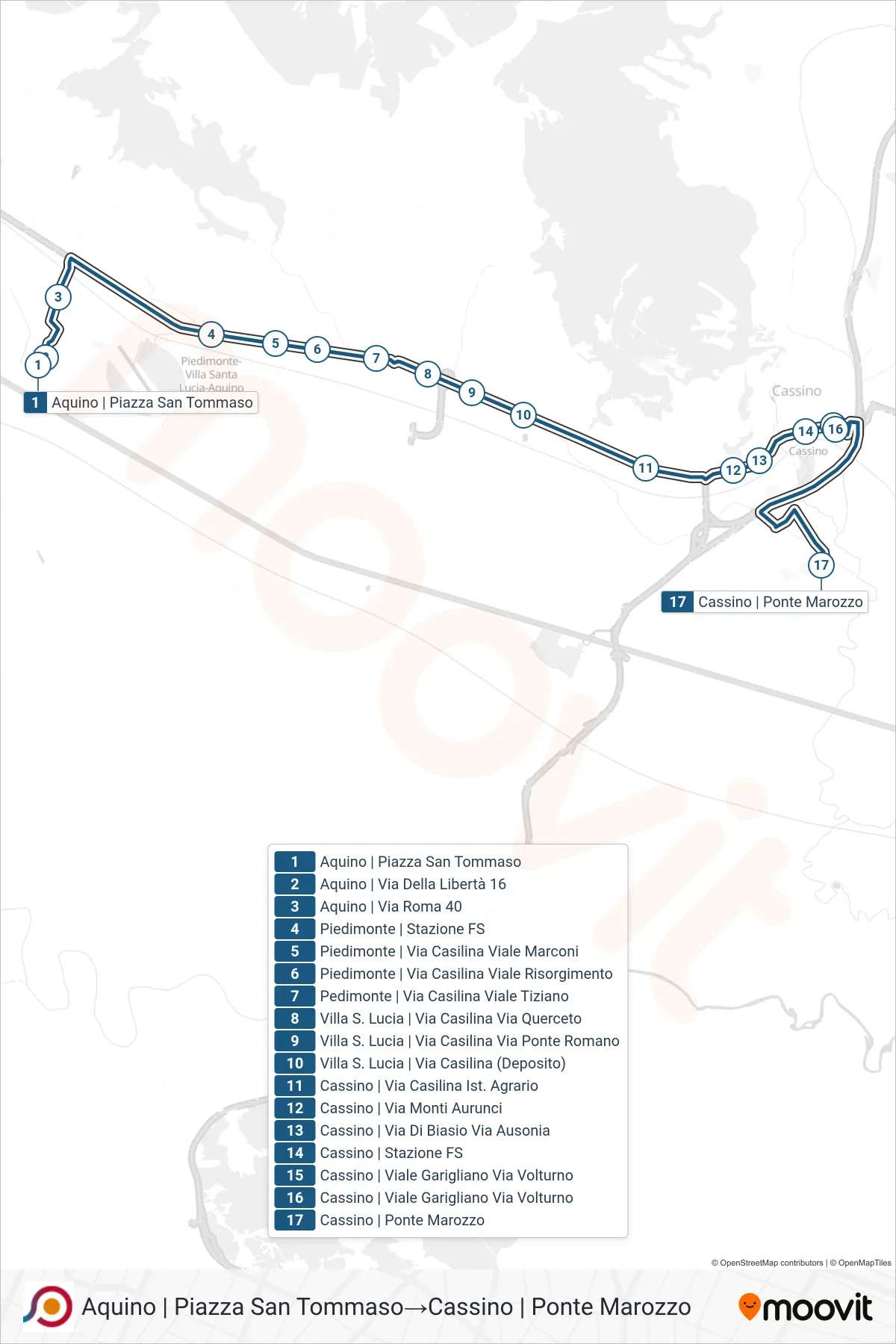 Linea COTRAL bus (Aquino | Piazza San Tommaso→Cassino | Ponte Marozzo) - Percorsi e fermate sulla mappa