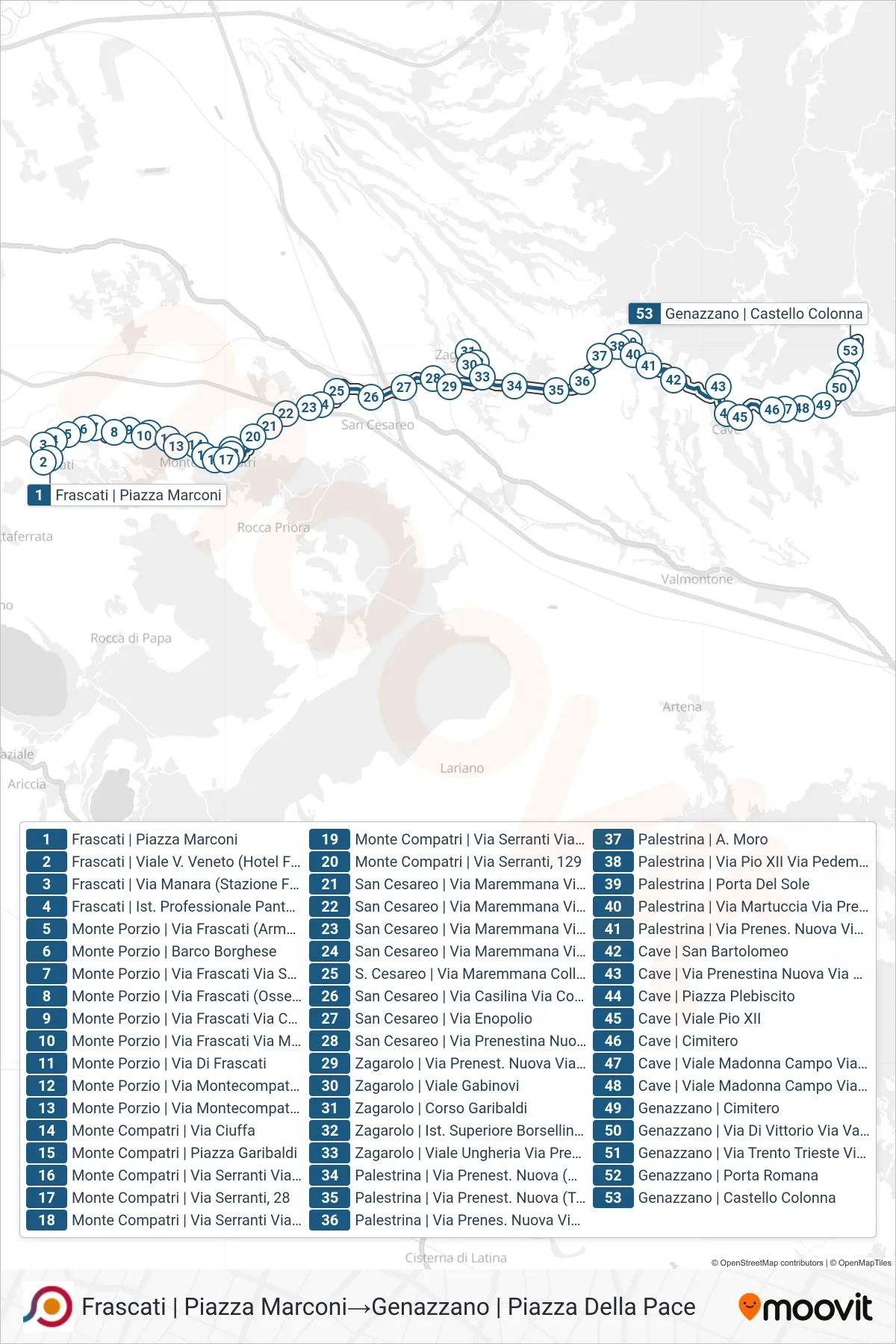 Linea COTRAL  bus (Frascati | Piazza Marconi‎→Genazzano | Piazza Della Pace) - Percorsi e fermate sulla mappa