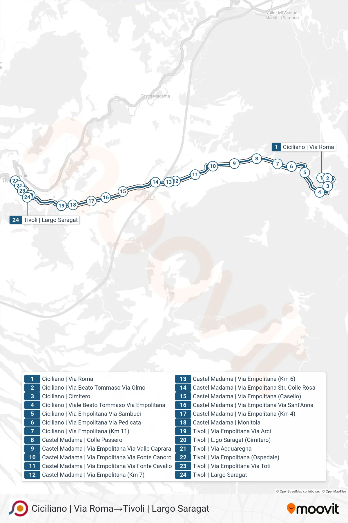 Linea COTRAL bus (Ciciliano | Via Roma→Tivoli | Largo Saragat) - Percorsi e fermate sulla mappa
