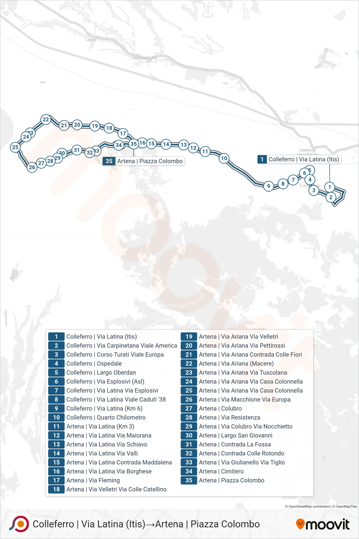 Linea COTRAL bus (Colleferro | Via Latina (Itis)→Artena | Piazza Colombo) - Percorsi e fermate sulla mappa
