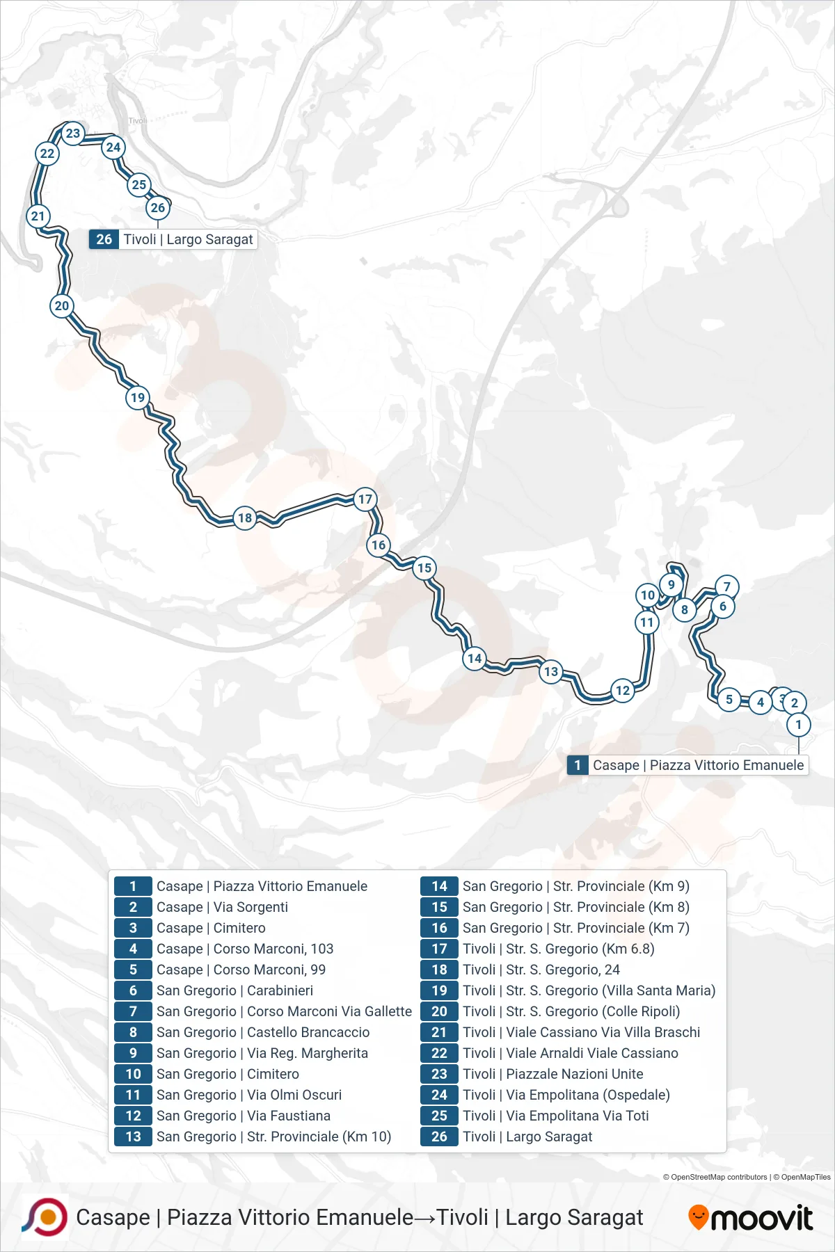 Linea COTRAL bus (Casape | Piazza Vittorio Emanuele→Tivoli | Largo Saragat) - Percorsi e fermate sulla mappa