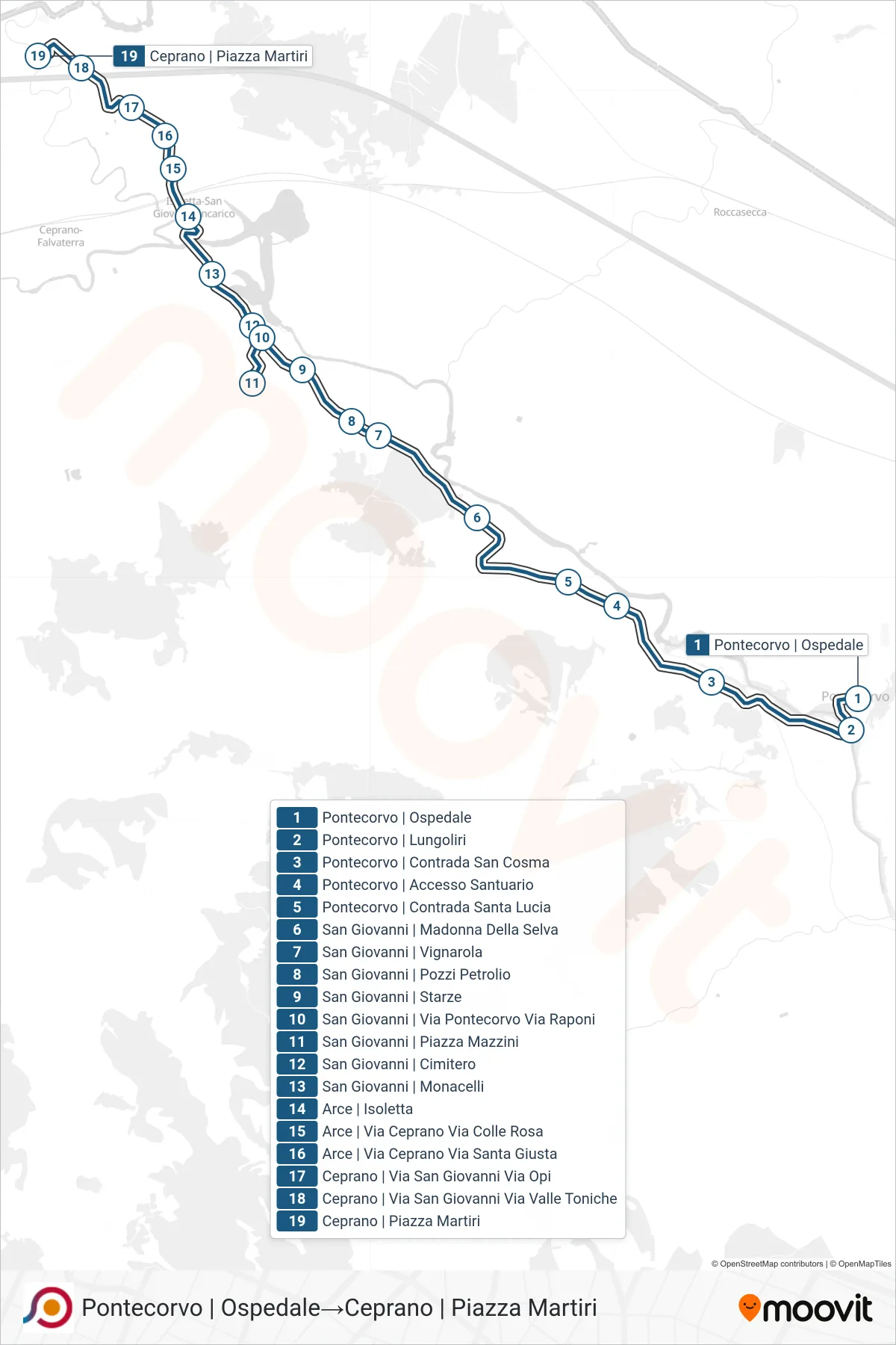 Linea COTRAL bus (Pontecorvo | Ospedale→Ceprano | Piazza Martiri) - Percorsi e fermate sulla mappa