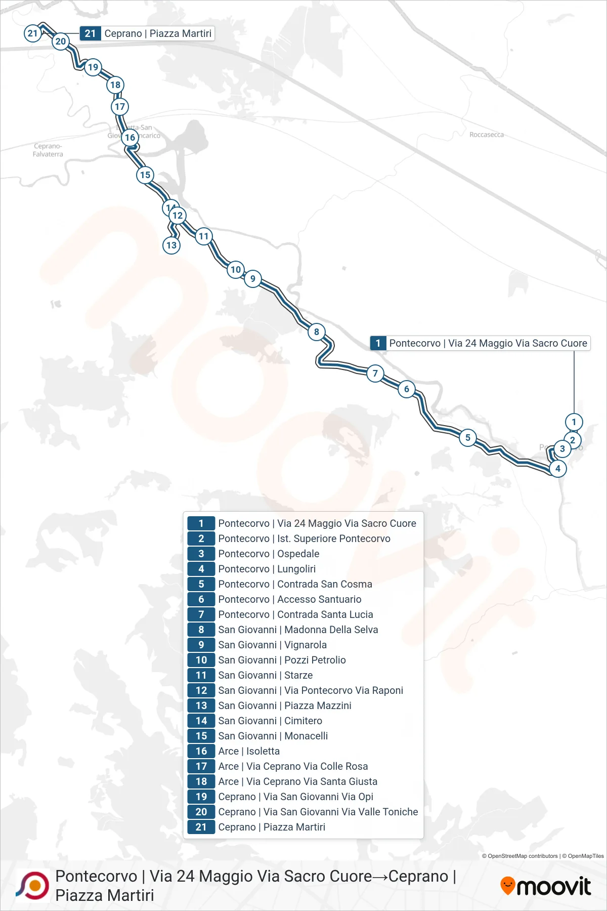 Linea COTRAL  bus (Pontecorvo | Via 24 Maggio Via Sacro Cuore‎→Ceprano | Piazza Martiri) - Percorsi e fermate sulla mappa
