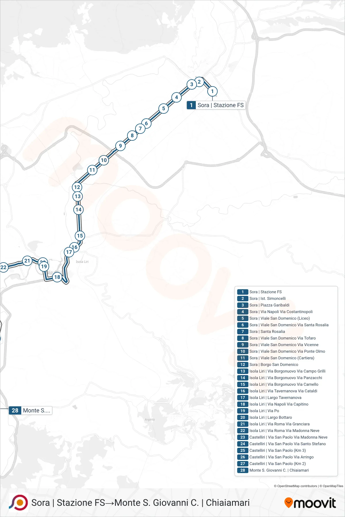 Linea COTRAL bus (Sora | Stazione FS→Monte S. Giovanni C. | Chiaiamari) - Percorsi e fermate sulla mappa