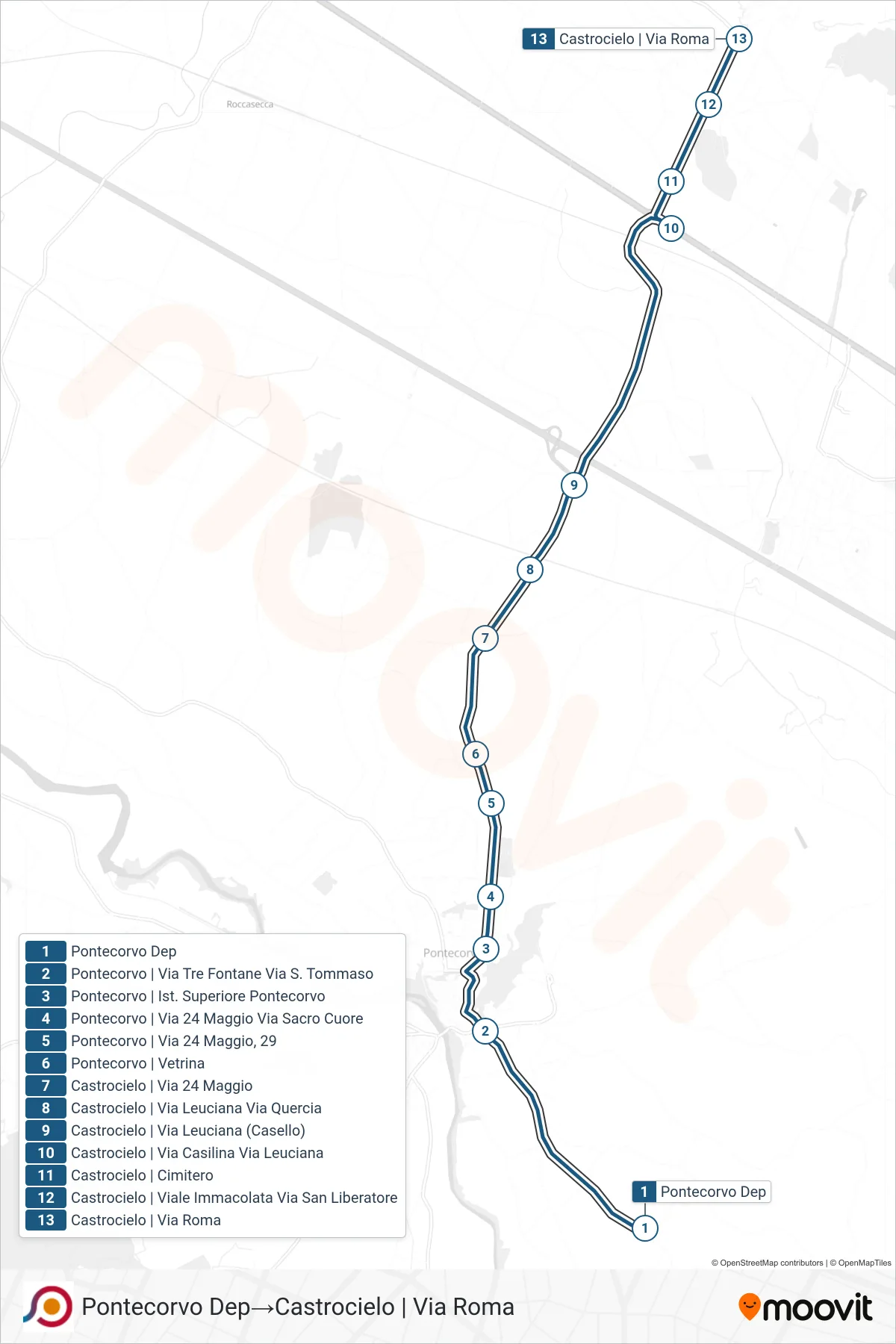 Linea COTRAL bus (Pontecorvo Dep→Castrocielo | Via Roma) - Percorsi e fermate sulla mappa