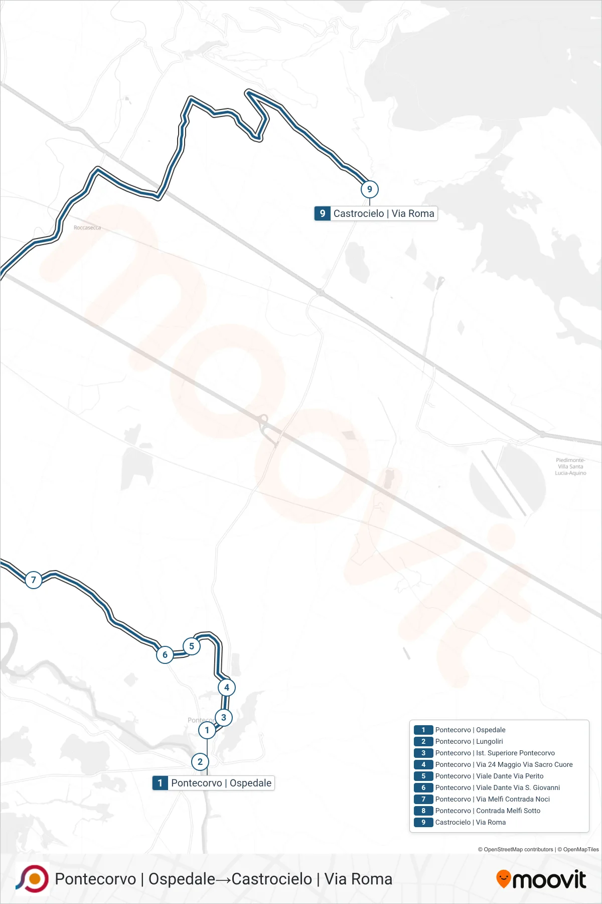 Linea COTRAL bus (Pontecorvo | Ospedale→Castrocielo | Via Roma) - Percorsi e fermate sulla mappa
