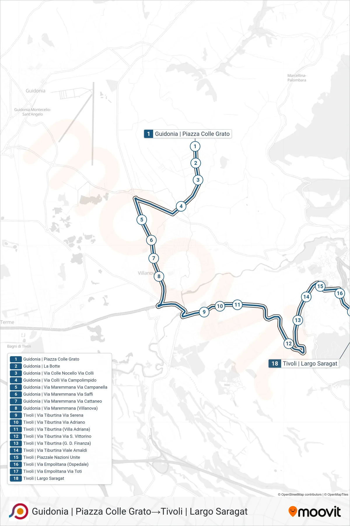 Linea COTRAL bus (Guidonia | Piazza Colle Grato→Tivoli | Largo Saragat) - Percorsi e fermate sulla mappa