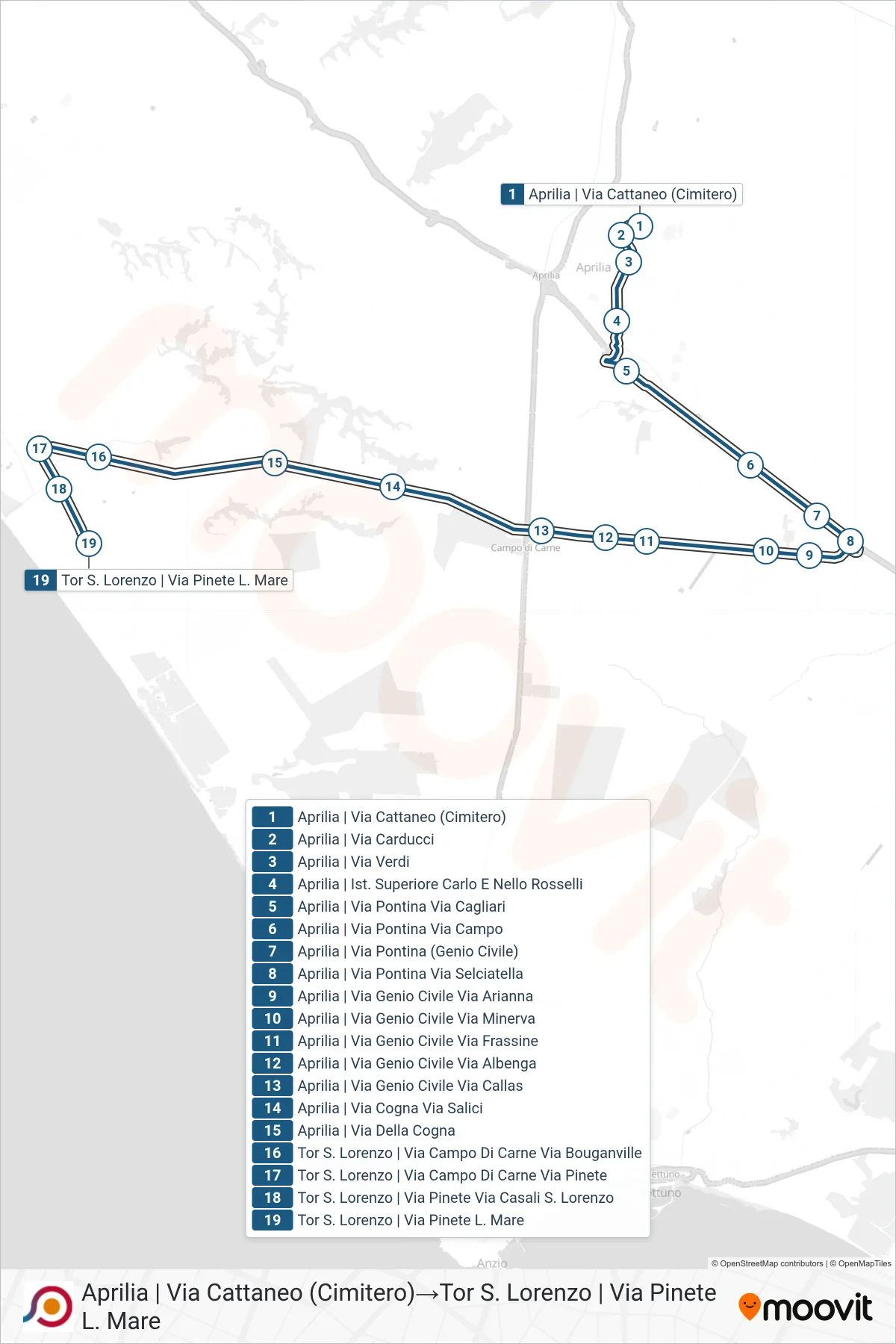 Linea COTRAL bus (Aprilia | Via Cattaneo (Cimitero)→Tor S. Lorenzo | Via Pinete L. Mare) - Percorsi e fermate sulla mappa