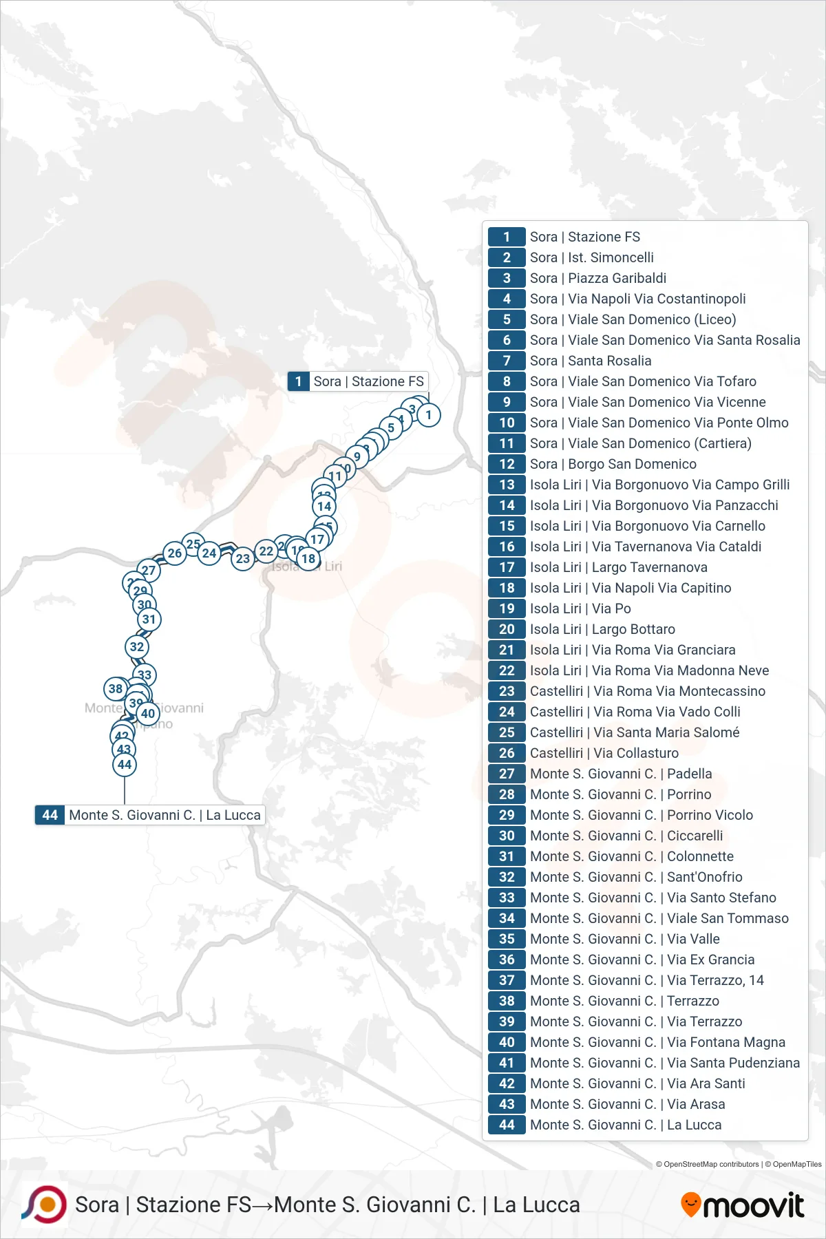 Linea COTRAL bus (Sora | Stazione FS→Monte S. Giovanni C. | La Lucca) - Percorsi e fermate sulla mappa