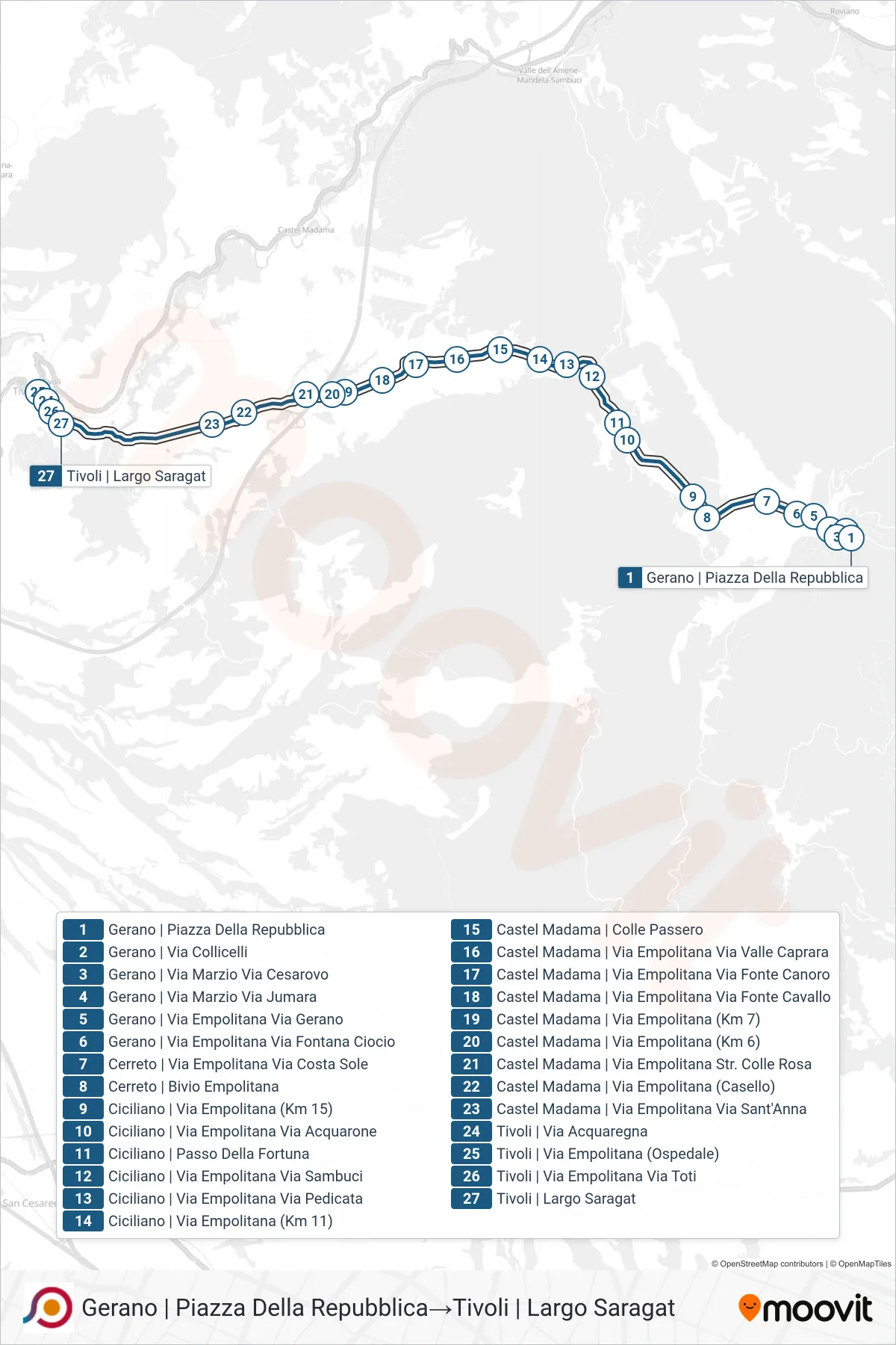 Linea COTRAL bus (Gerano | Piazza Della Repubblica→Tivoli | Largo Saragat) - Percorsi e fermate sulla mappa