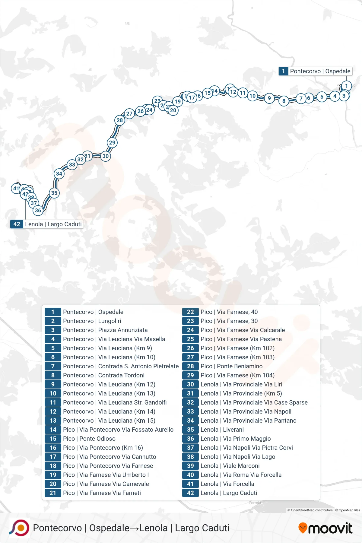 Linea COTRAL bus (Pontecorvo | Ospedale→Lenola | Largo Caduti) - Percorsi e fermate sulla mappa