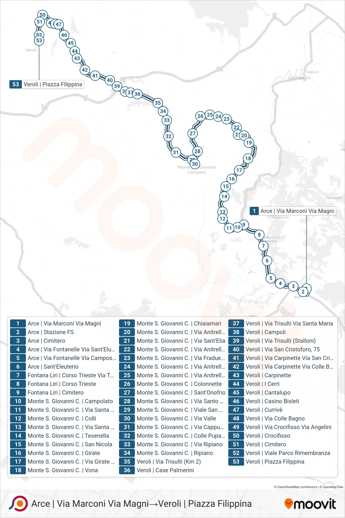 Linea COTRAL bus (Arce | Via Marconi Via Magni→Veroli | Piazza Filippina) - Percorsi e fermate sulla mappa