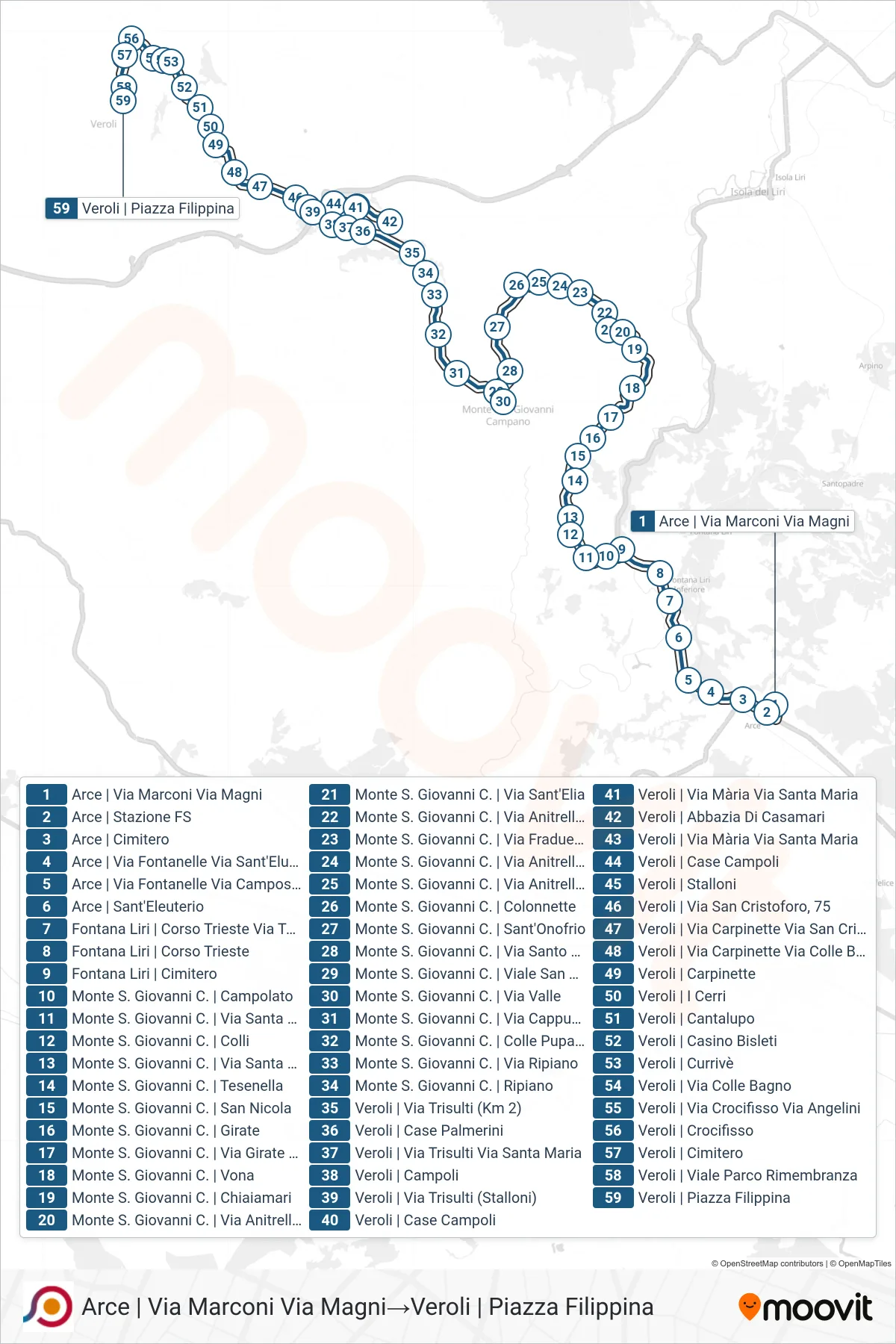 Linea COTRAL bus (Arce | Via Marconi Via Magni→Veroli | Piazza Filippina) - Percorsi e fermate sulla mappa