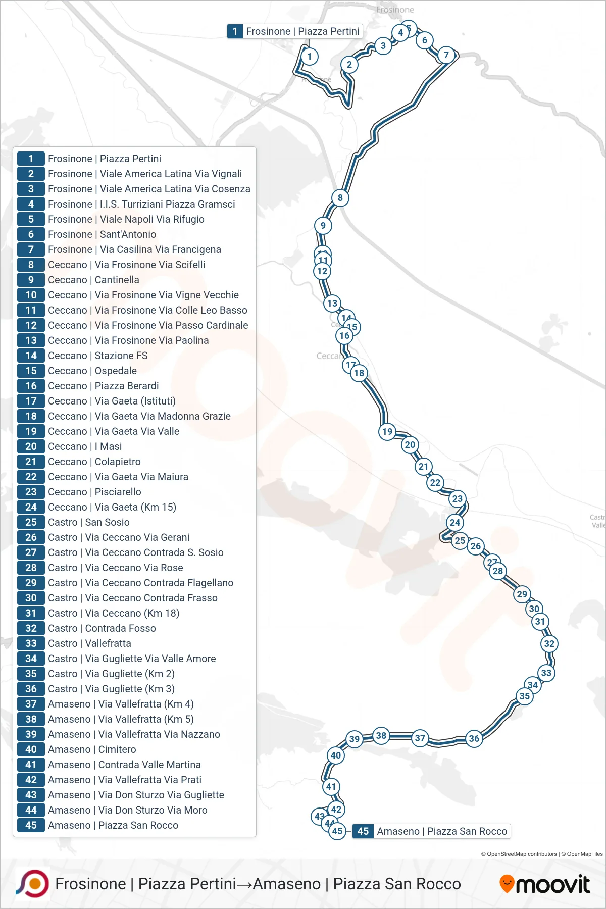 Linea COTRAL  bus (Frosinone | Piazza Pertini‎→Amaseno | Piazza San Rocco) - Percorsi e fermate sulla mappa