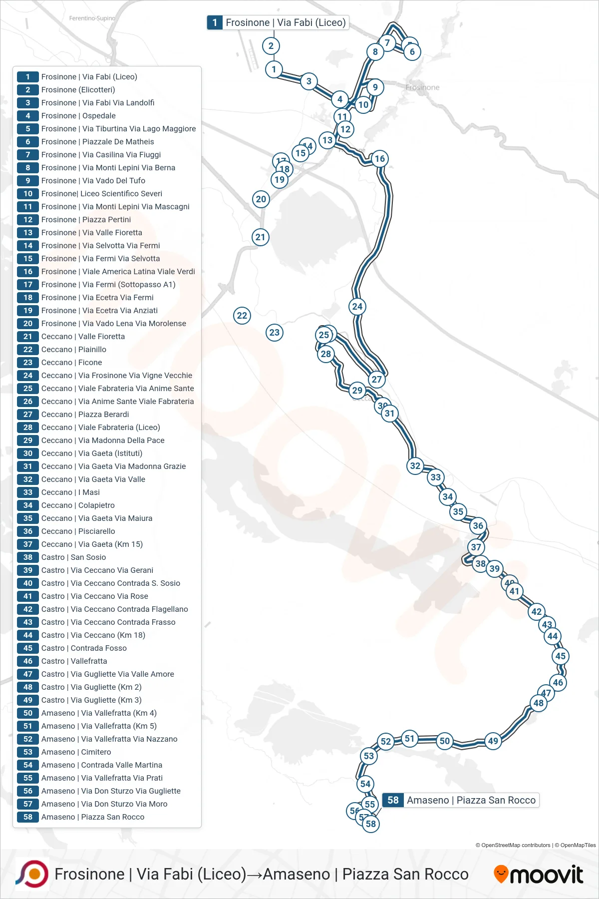 Linea COTRAL bus (Frosinone | Via Fabi (Liceo)→Amaseno | Piazza San Rocco) - Percorsi e fermate sulla mappa