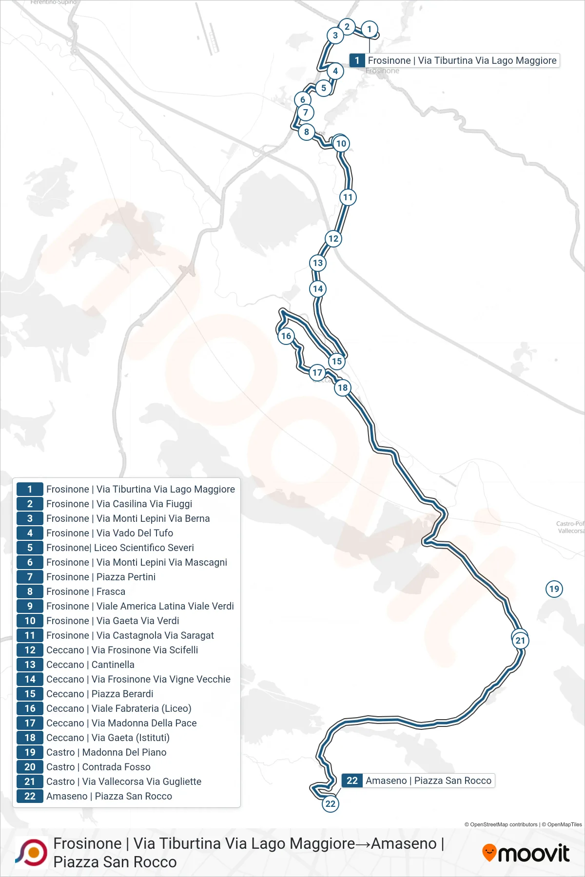 Linea COTRAL bus (Frosinone | Via Tiburtina Via Lago Maggiore→Amaseno | Piazza San Rocco) - Percorsi e fermate sulla mappa