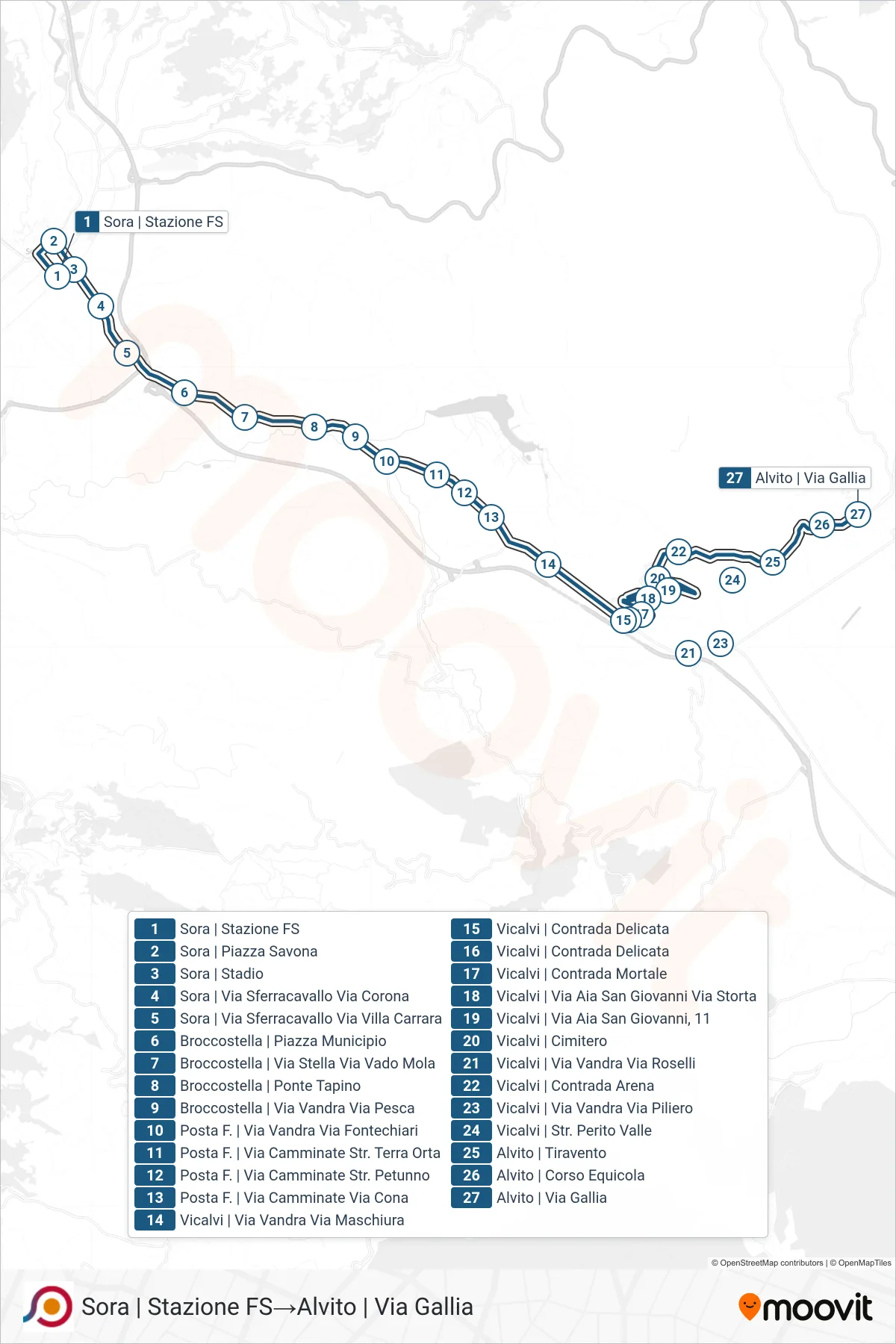 COTRAL bus Line (Sora | Railway Station→Alvito via Gallia) route and stops on a map