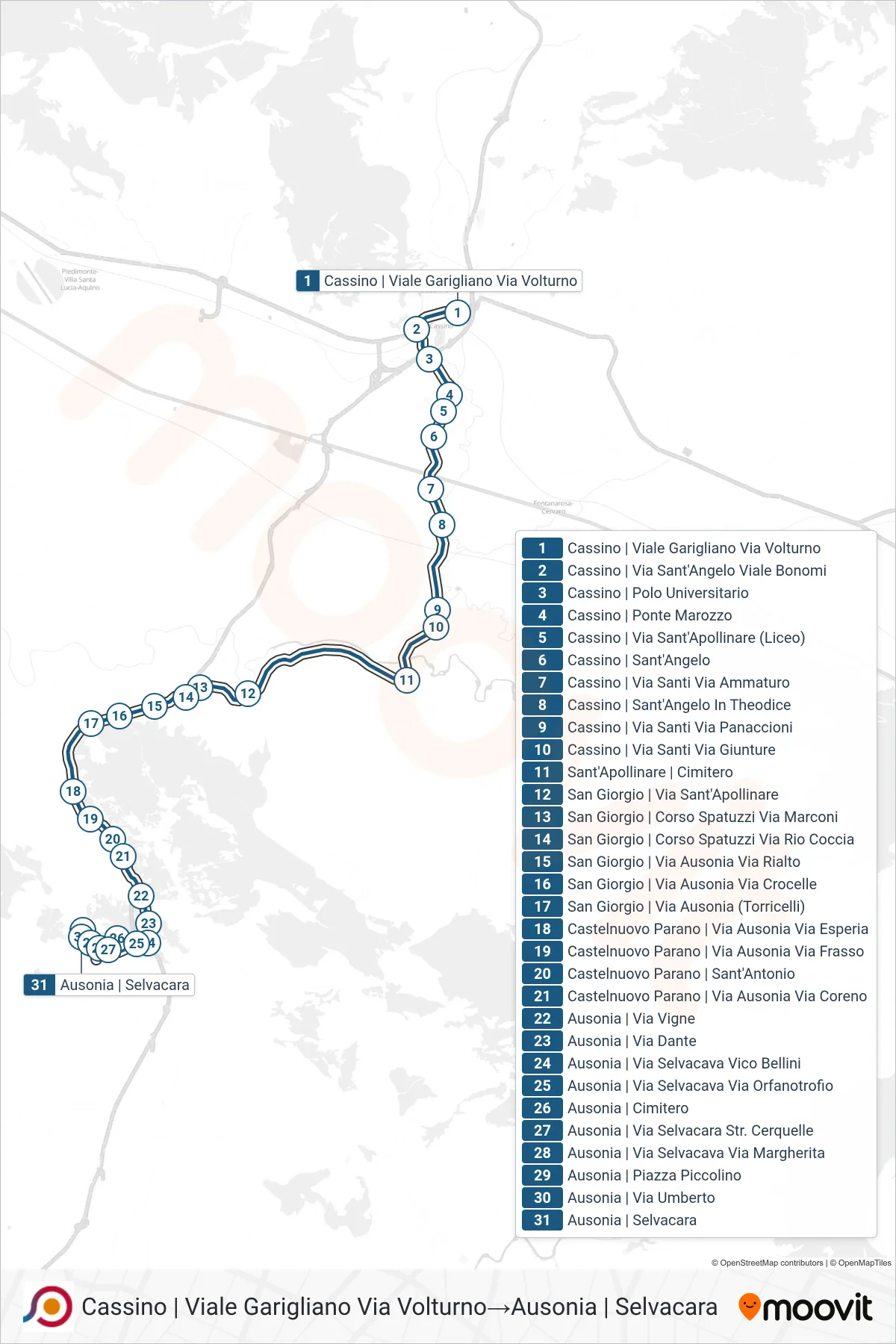 Linea COTRAL bus (Cassino | Viale Garigliano Via Volturno→Ausonia | Selvacara) - Percorsi e fermate sulla mappa