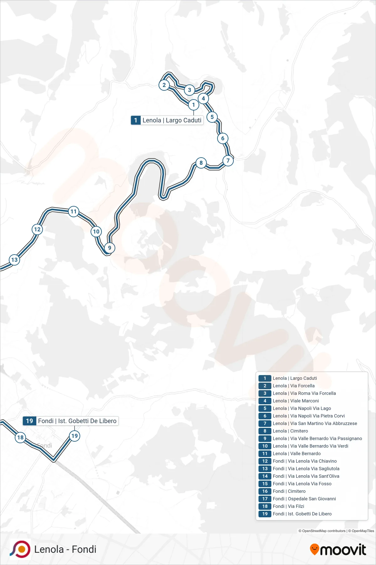 Linea COTRAL bus (Lenola | Largo Caduti→Fondi | Ist. Gobetti De Libero) - Percorsi e fermate sulla mappa