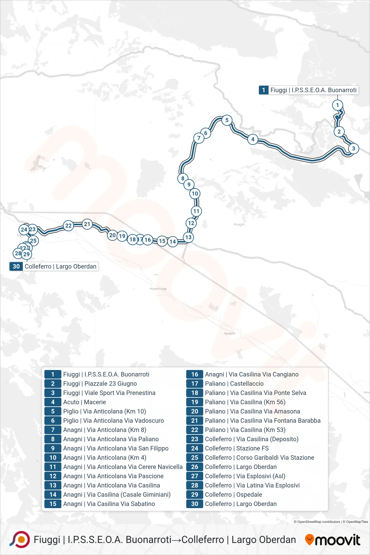 Linea COTRAL bus (Fiuggi | I.P.S.S.E.O.A. Buonarroti→Colleferro | Largo Oberdan) - Percorsi e fermate sulla mappa